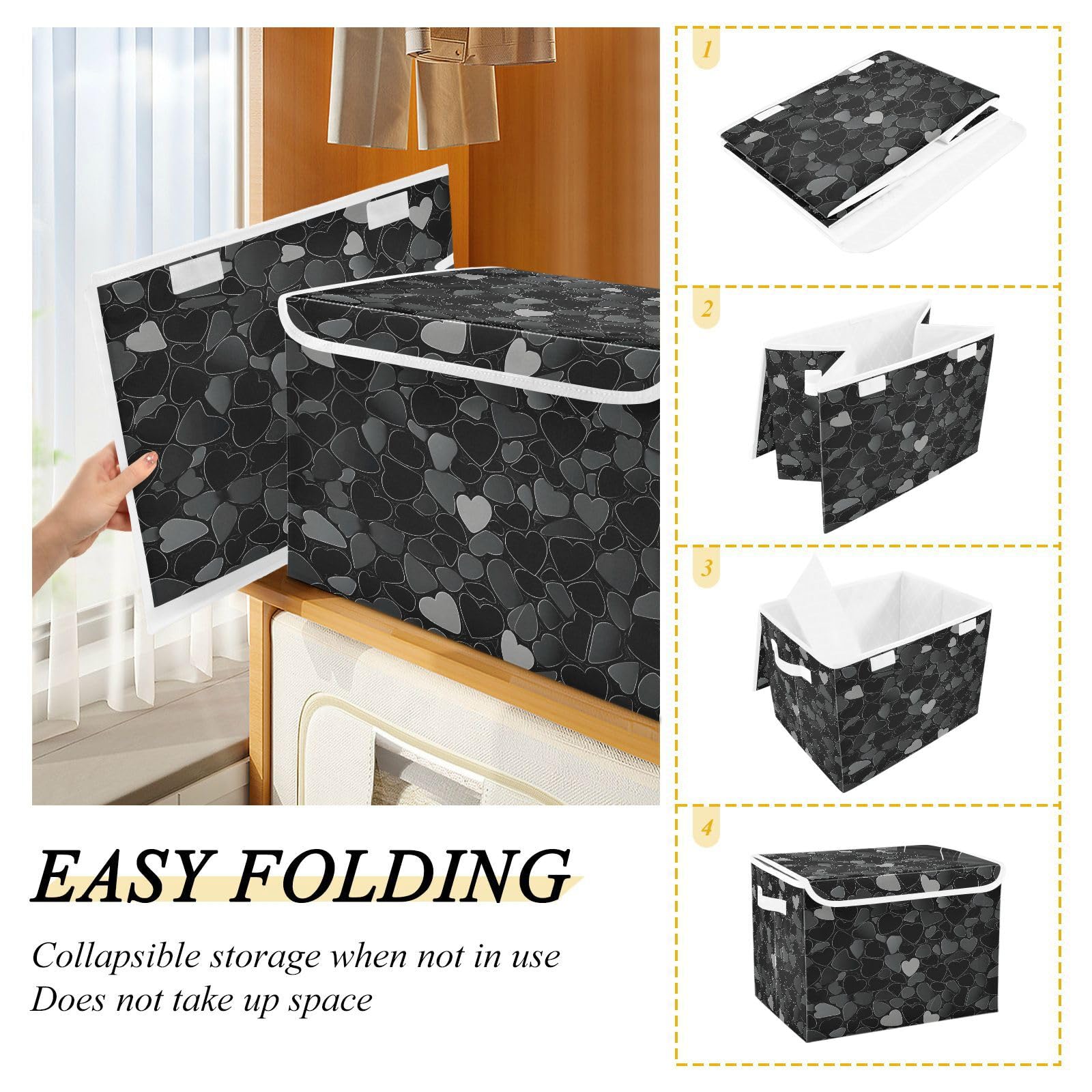 Valentine's Day Storage Baskets - Collapsible Fabric Bins with Lids, Black & Gray Heart Pattern Organizing Boxes for Clothes, Toys & Home Organization | Perfect for Bedroom, Closet & Laundry Room Storage