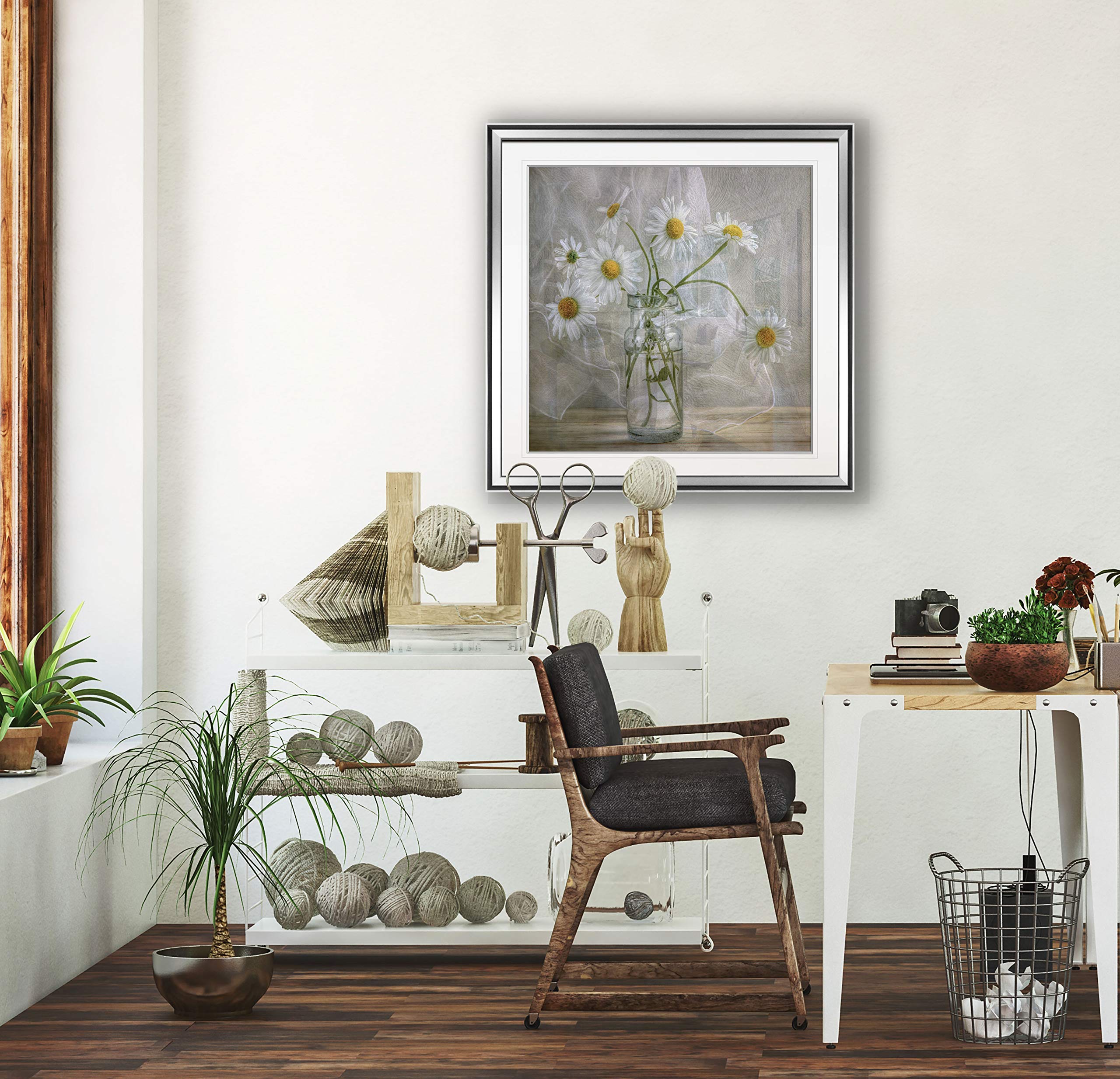 Daisies in Jar Canvas Wall Art - Framed Giclee Photography Print - Home Decor Painting Ready to Hang - Perfect for Living Room, Bedroom & Office Decor