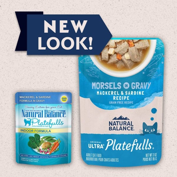 Natural Balance Platefulls Mackerel & Sardine Recipe in Gravy - Grain-Free Wet Cat Food Pouches for Adult Cats | High Protein, Digestive Health | Perfect for Mealtime, Travel & Senior Cats