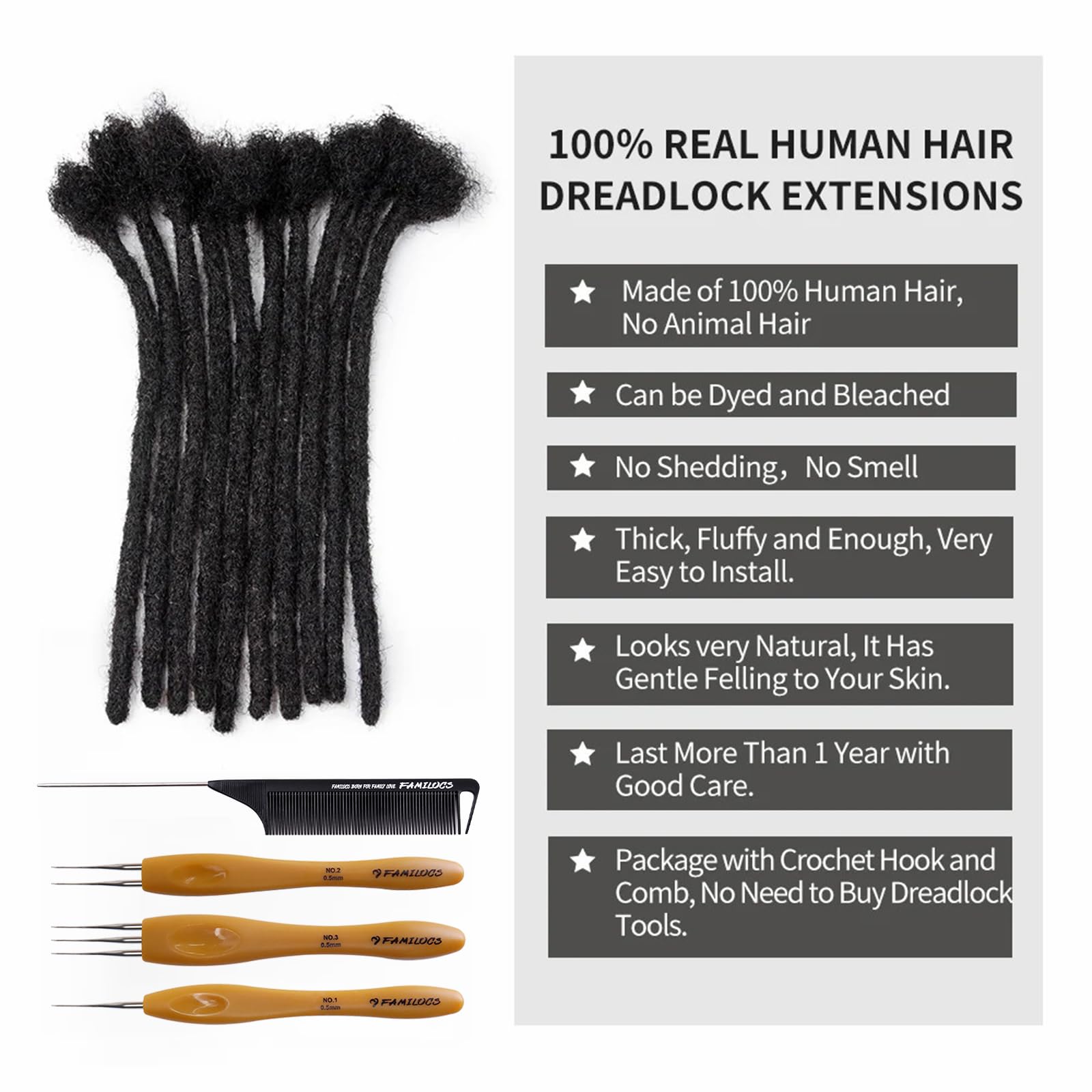 12 Inch 10 Strands 100% Real Human Hair Dreadlock Extensions for Women & Men - 0.4cm Width Handmade Loc Extensions with Needle & Comb - Dyeable, Curlable & Bleachable - Perfect for Natural Hairstyles, Protective Styles & Costume Looks