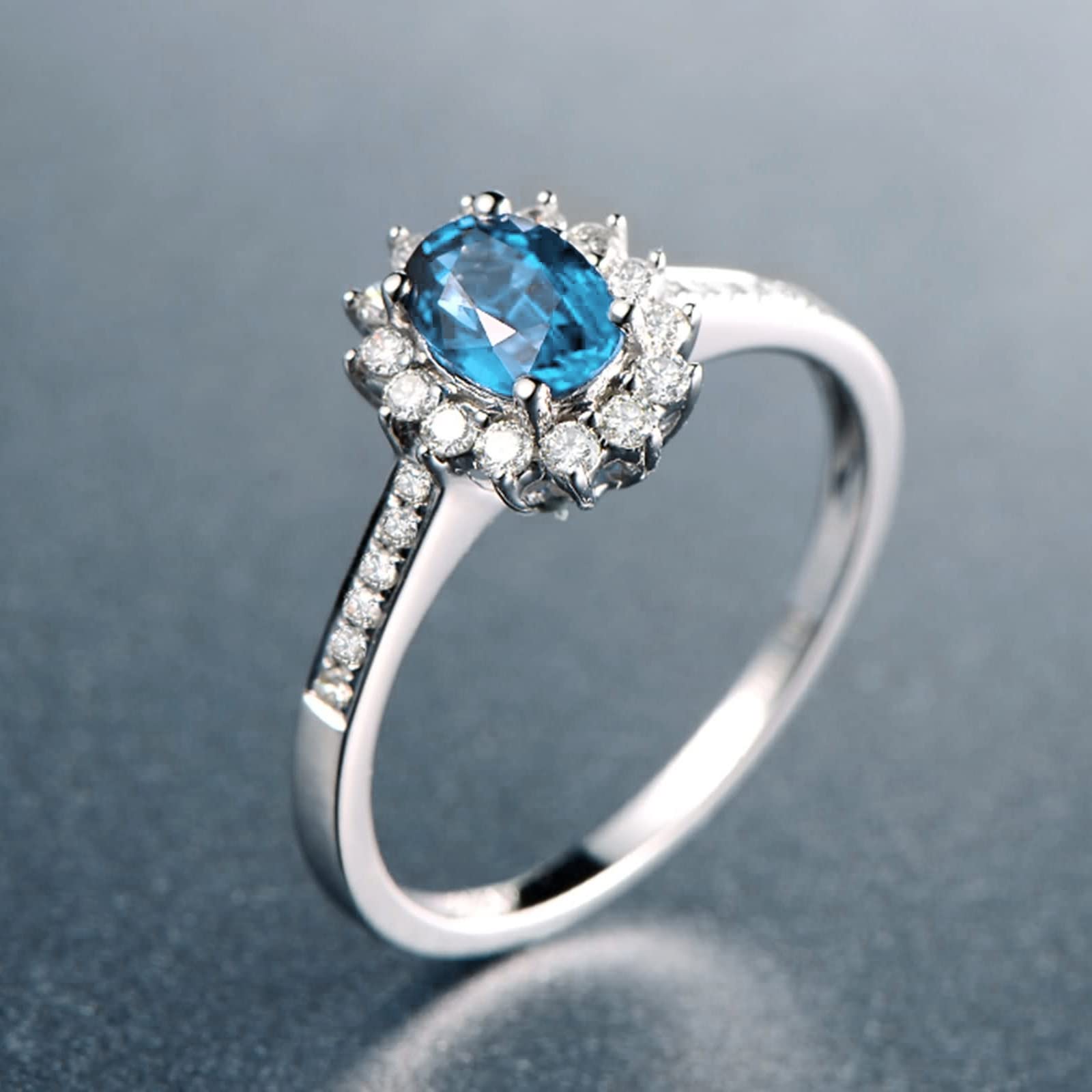 Gualiy Sterling Silver Cubic Zirconia Rings - Elegant Flower Design with Oval Ocean Blue CZ Stones, Promise & Wedding Rings Available in Sizes 4-11 | Perfect for Engagements, Anniversaries & Special Occasions