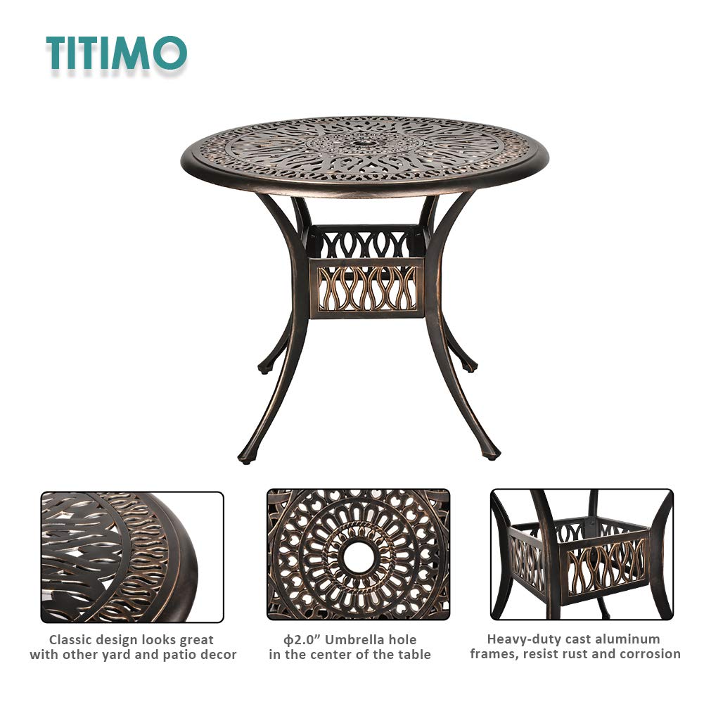 TITIMO 3-Piece All-Weather Outdoor Dining Set - Cast Aluminum Round Table & Chairs with Cushions & Umbrella Hole - Patio, Garden, Deck Furniture for Backyard, Poolside & Outdoor Entertaining (Red)