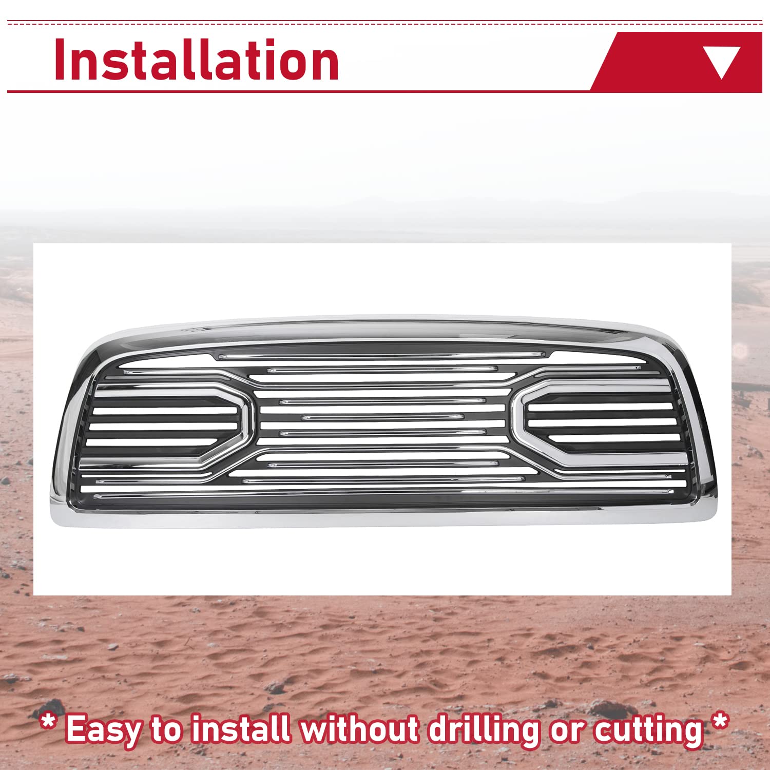 HECASA Front Hood Bumper Grille Replacement Shell for 2009-2012 Dodge Ram 1500 - Chrome Finish Without Lights | Perfect for Off-Roading & Truck Customization