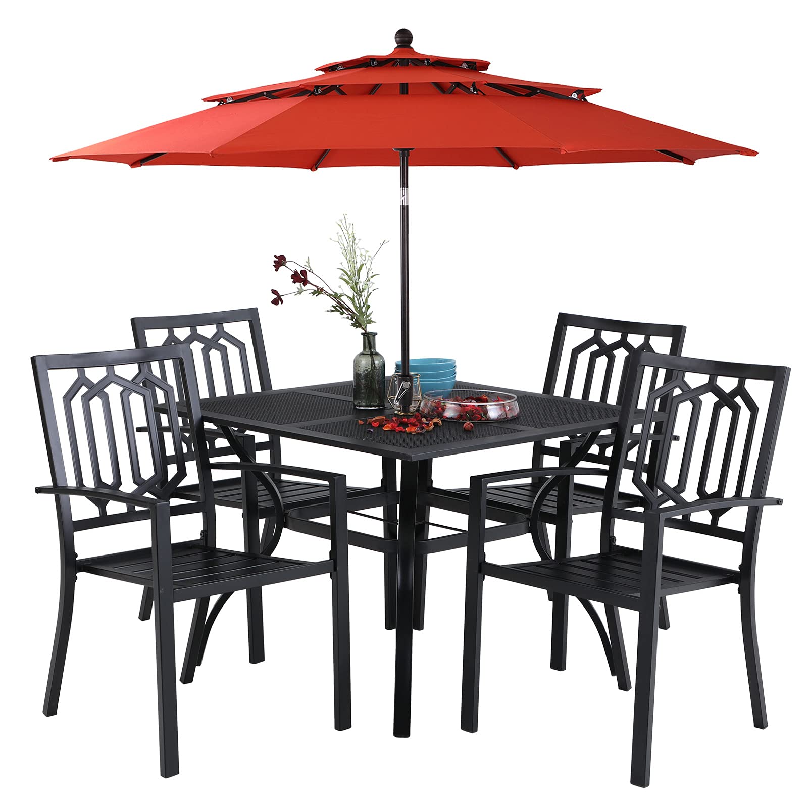 MFSTUDIO 6-Piece Outdoor Patio Dining Set with 10ft Round Umbrella - 4 Stackable Metal Chairs, Steel Frame Table & Large Red Sunshade for Backyard, Garden, Poolside Dining & Outdoor Entertaining