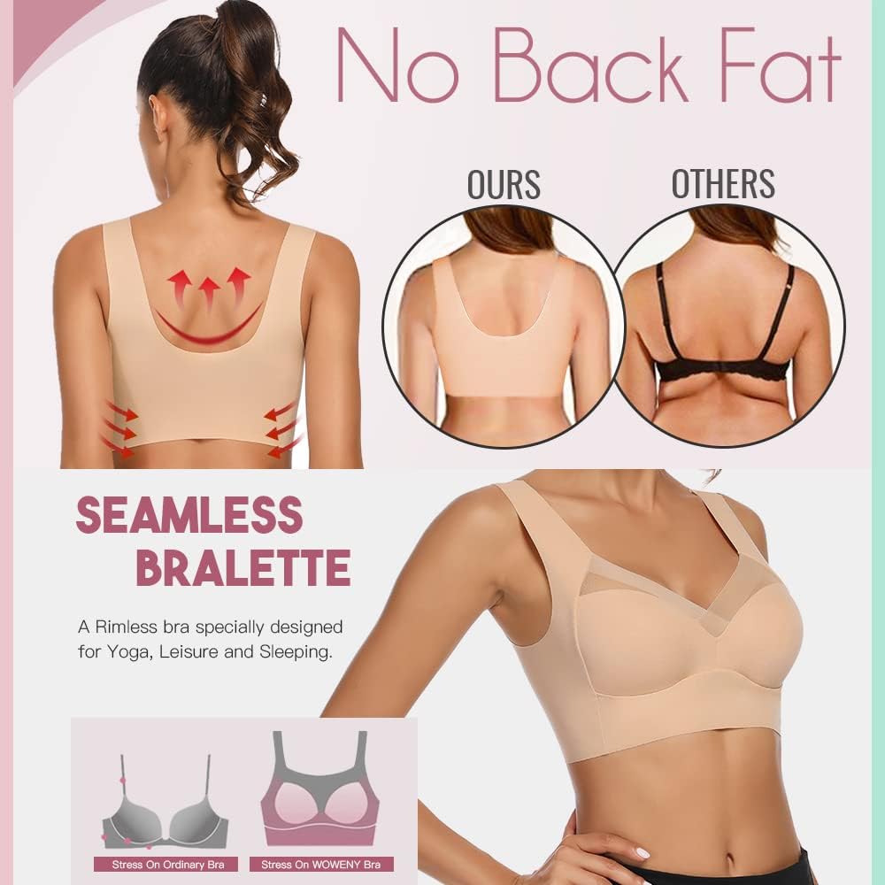 WOWENY Seamless Wirefree Bras for Women - Comfortable Mesh Soft Padded Back Smoothing Bra - Perfect for Yoga, Workouts & Everyday Wear