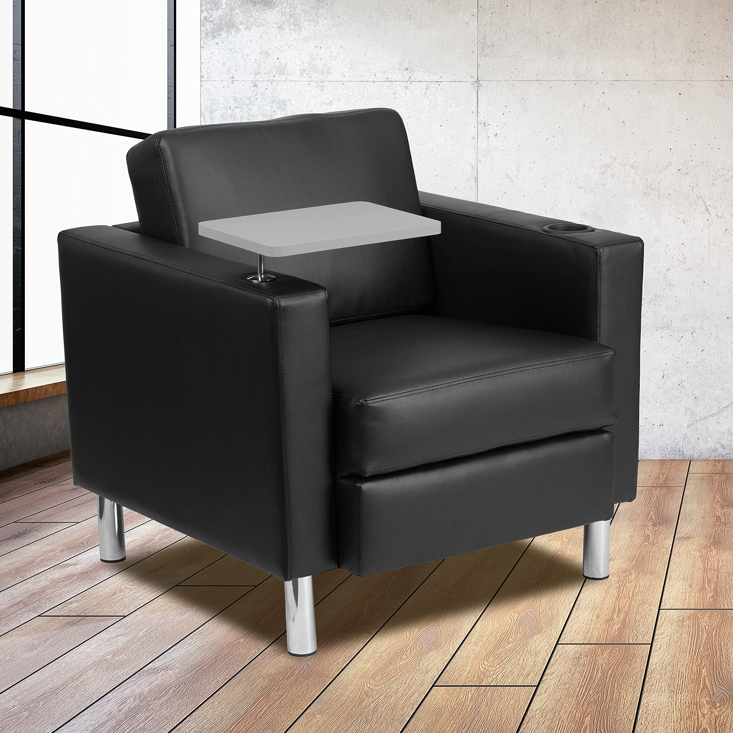 Emma & Oliver Black LeatherSoft Tablet Arm Chair with Tall Chrome Legs & Cup Holder - Ergonomic Office Chair for Home & Workspace, Perfect for Working, Gaming & Relaxing