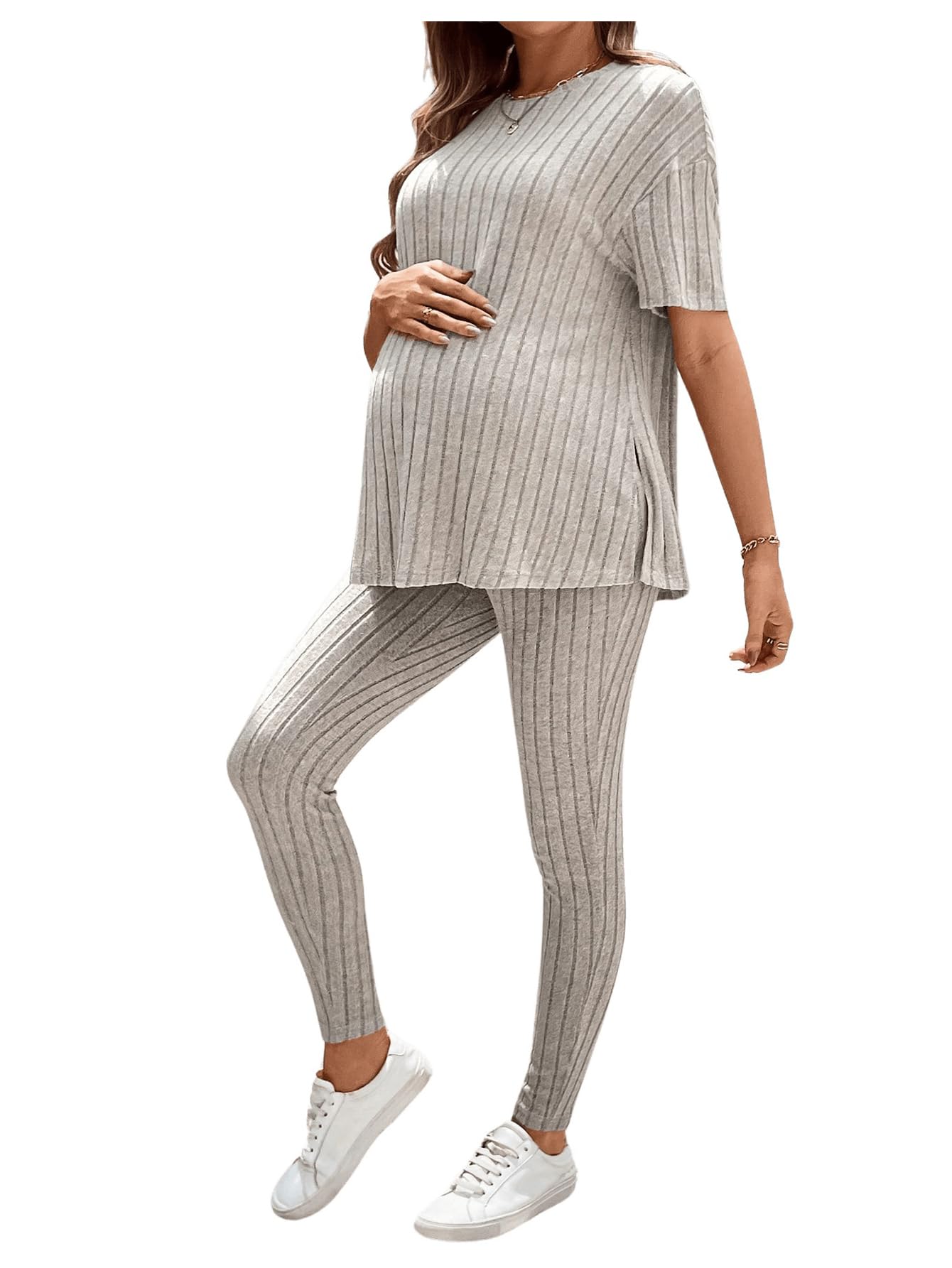 MakeMeChic Women's Maternity 2-Piece Pajama Set - Rib Knit Split Tee Top & Lounge Pants - Comfortable Pregnancy Sleepwear & Loungewear for Expecting Moms (Perfect for Relaxing at Home, Nursing, and Hospital Stay)