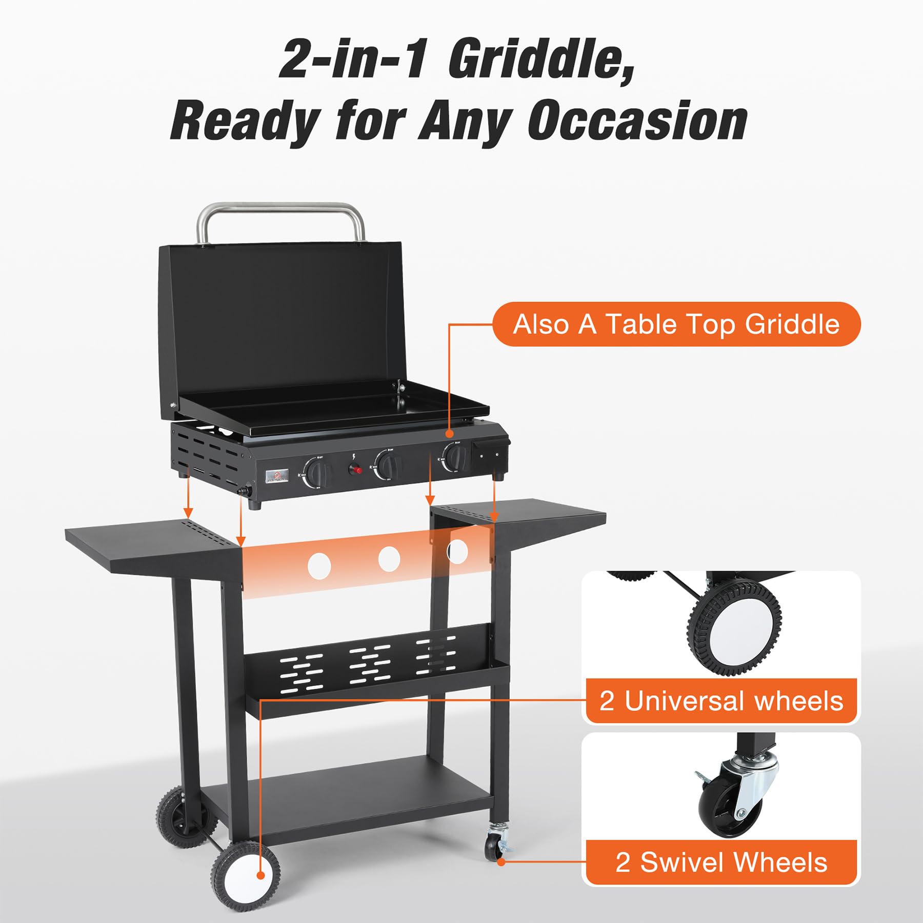2-in-1 Propane Griddle & Grill - 24,600 BTU Portable Flat Top Grill with Lid - 3 Burner Stainless Steel Outdoor Cooking Station with Wheels & Side Shelves - Perfect for Backyard BBQ, Tailgating, Camping & Outdoor Kitchen Use