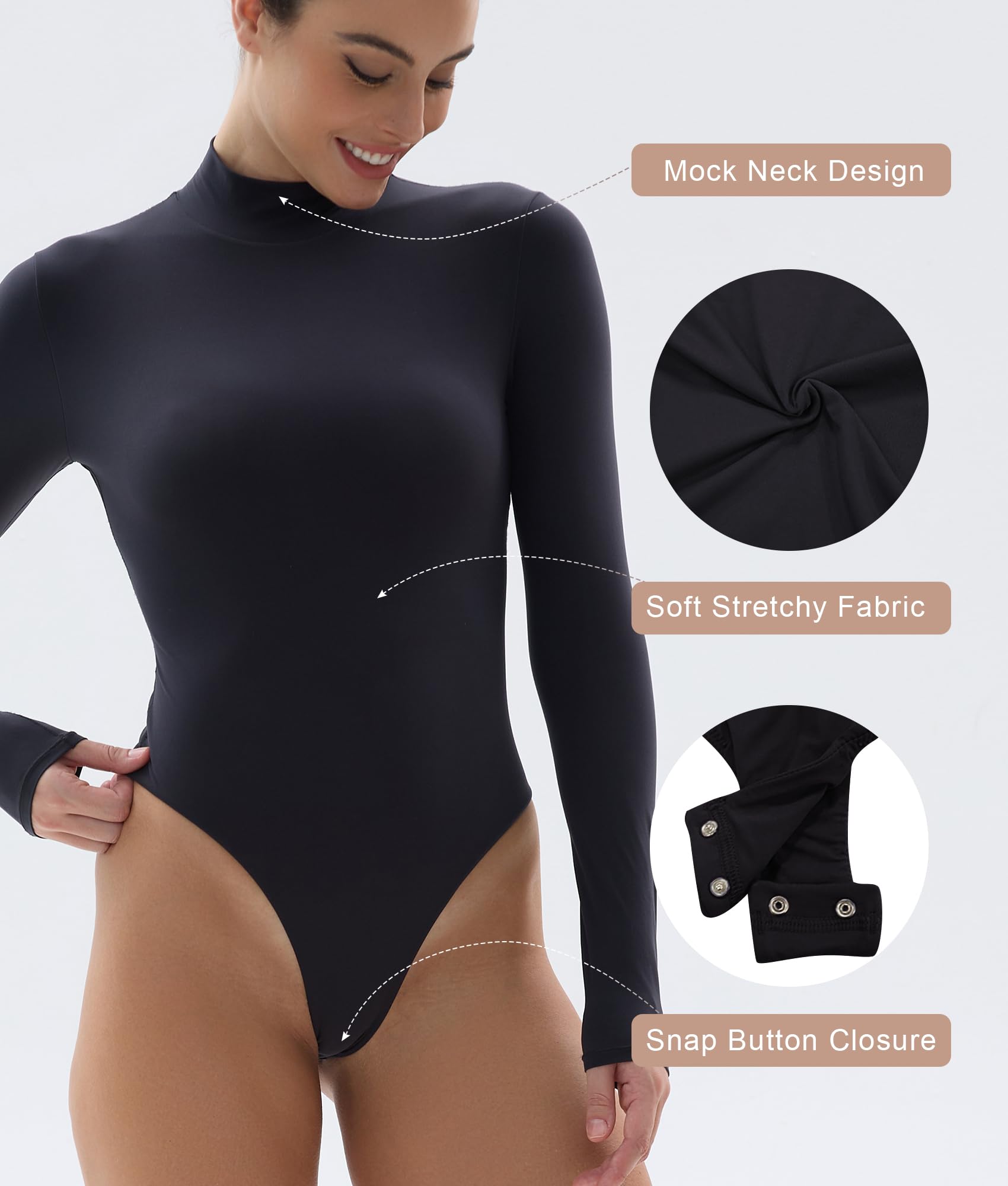 SHAPERX Women's V-Neck Long Sleeve Bodysuit - Super Soft Stretchy Body-Hugging Tops for Everyday Wear, Layering & Office Outfits