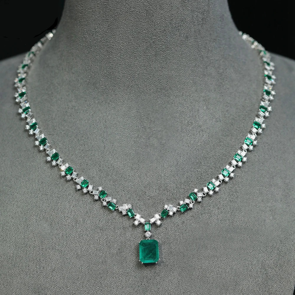 Vintage 925 Sterling Silver Emerald & Diamond Pendant Necklace for Women - 15x17mm High Carbon Gemstone Jewelry - Perfect Gift for Anniversary, Birthday & Special Occasions
