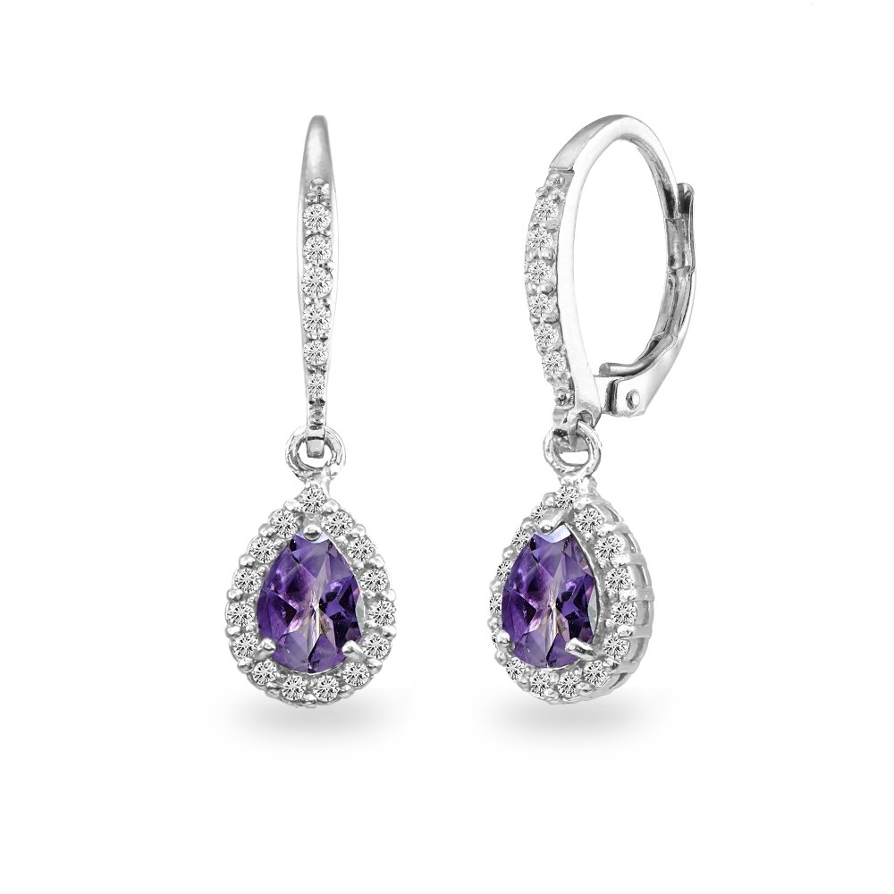 Sterling Silver Halo Teardrop Dangle Leverback Earrings with Genuine/Synthetic Gemstones - Elegant Jewelry for Women, Girls & Bridesmaids - Perfect for Weddings, Parties & Special Occasions