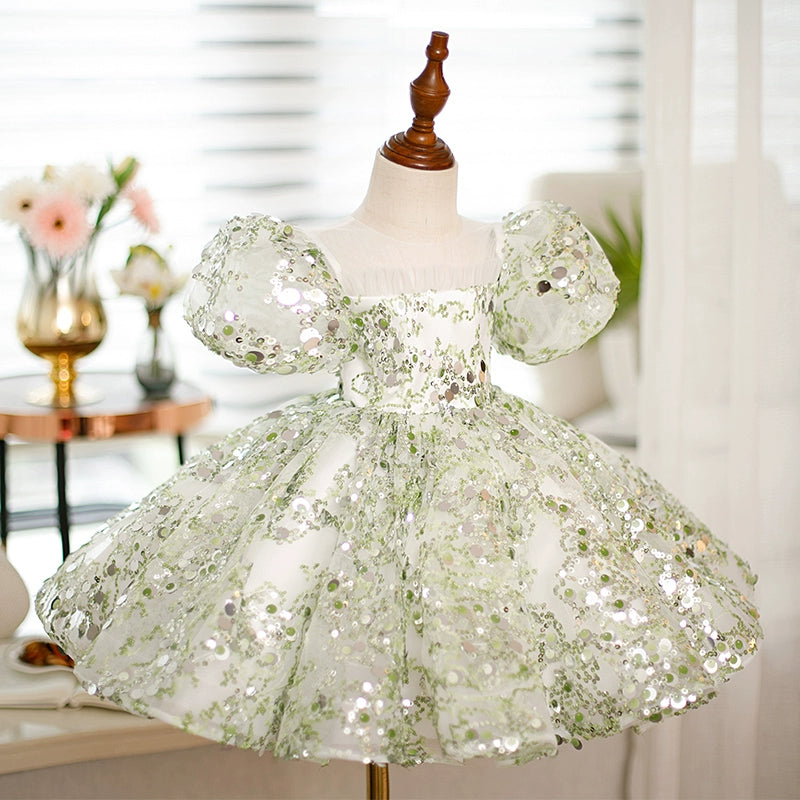 Green Princess Round Sequined Flower Girl Dress for Weddings, Pageants & Special Occasions