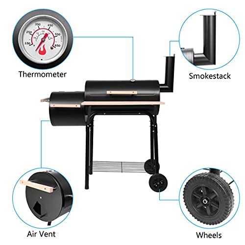 Portable Charcoal BBQ Grill & Offset Smoker - 500-600°F Steel Drum Barbecue Oven with Wheels & Side Fire Box for Backyard, Camping, Picnic & Outdoor Parties | Heavy-Duty Patio Grill for Smoking & Grilling Meat, Vegetables & More