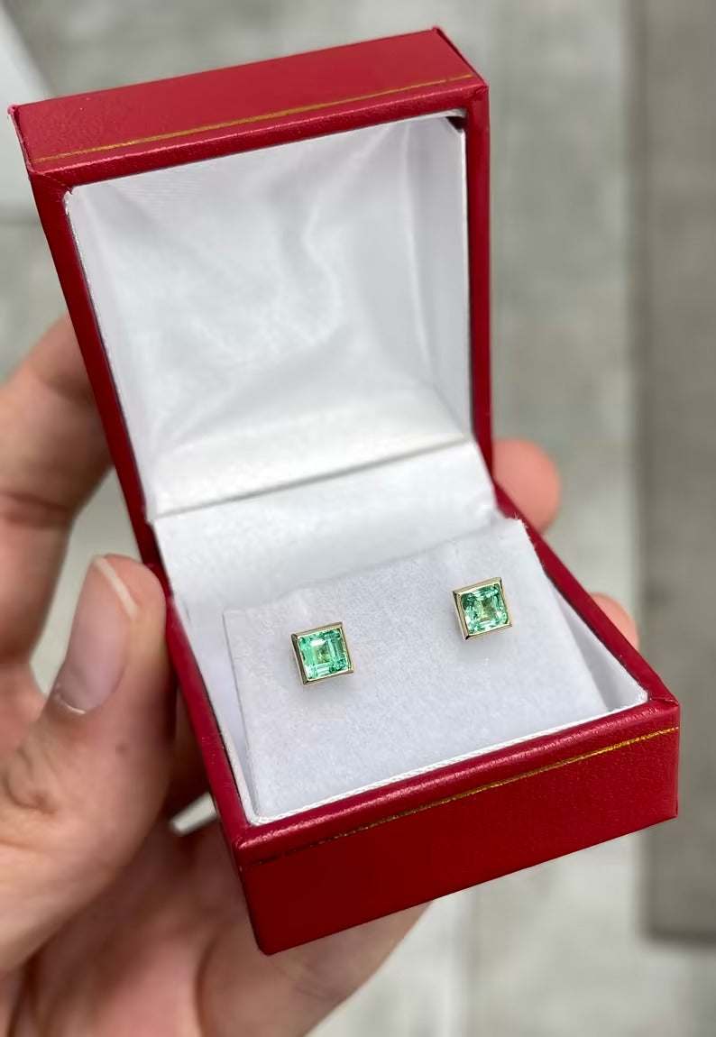 0.90tcw Princess Cut Natural Emerald Bezel Set Stud Earrings in 14K Gold - Elegant Jewelry for Women, Perfect for Weddings, Parties & Everyday Wear