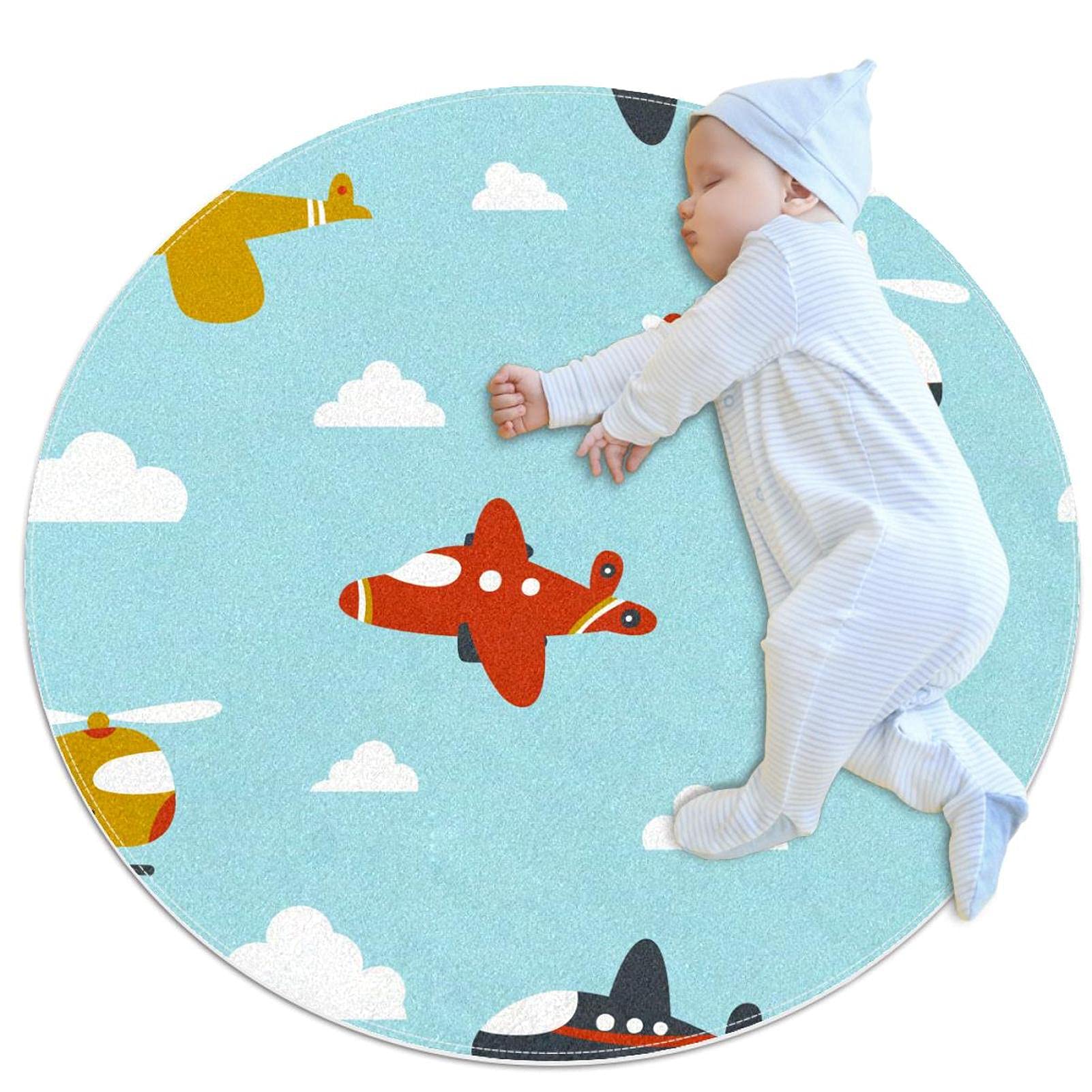 Kids Play Mat with Cartoon Helicopter & Airplane Design - Soft Round Game Blanket for Crawling, Tummy Time & Family Leisure - Non-Slip Nursery Floor Mat for Infants & Toddlers
