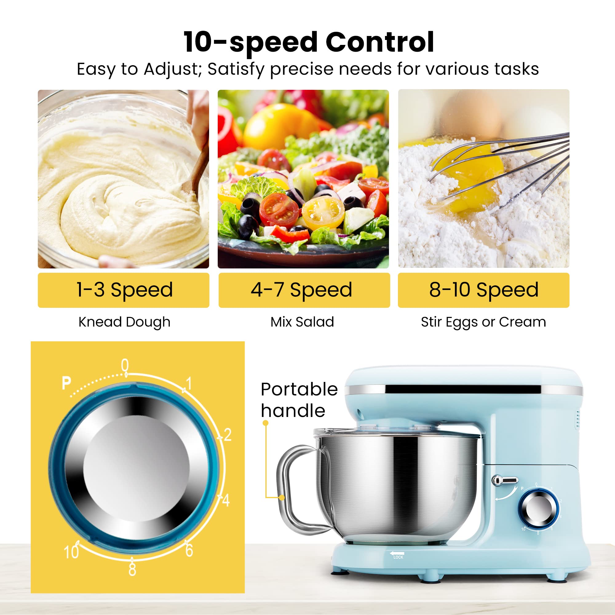 VIVOHOME 660W 10-Speed 6-Quart Tilt-Head Stand Mixer with Beater, Dough Hook & Wire Whip - Electric Kitchen Mixer for Baking, Cooking & Egg Separation (Blue) - Perfect for Home Bakers & Professional Chefs
