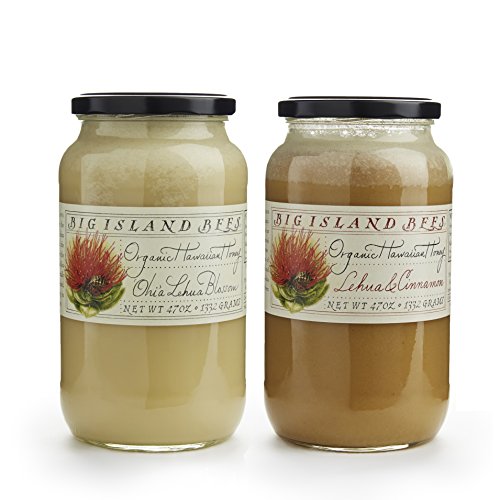 Big Island Bees Organic Raw Hawaiian Honey Combo Bundle - 47 oz Glass Jar (2 Pack, Lehua & Cinnamon) | USDA Certified, Pure & Natural | Perfect for Tea, Baking & Healthy Snacks