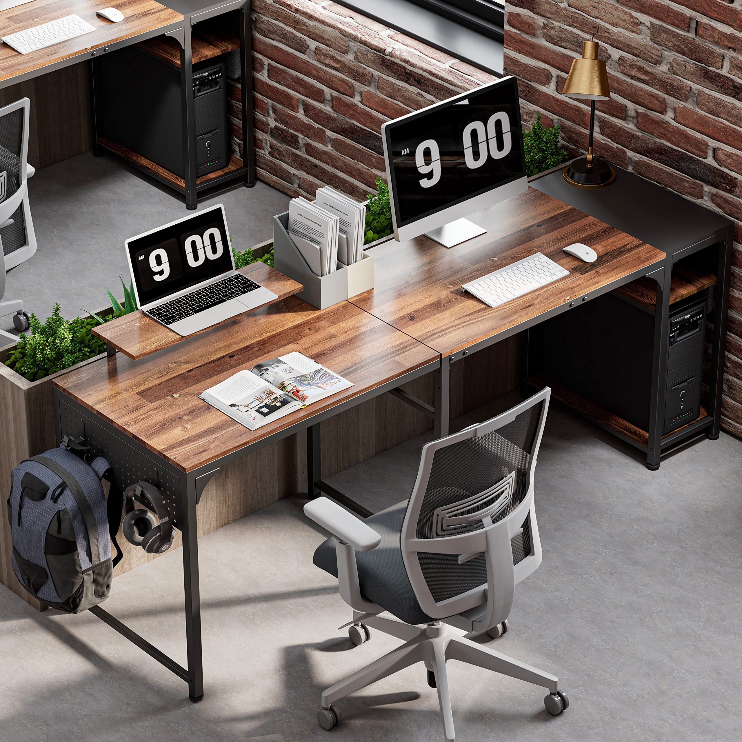 Reversible L-Shaped Desk with Monitor Stand - 58x47 Inch Corner Computer Desk, Study Writing Table with Storage Shelves for Home Office - Rustic Brown/Black - Perfect for Small Spaces & Gaming Setups