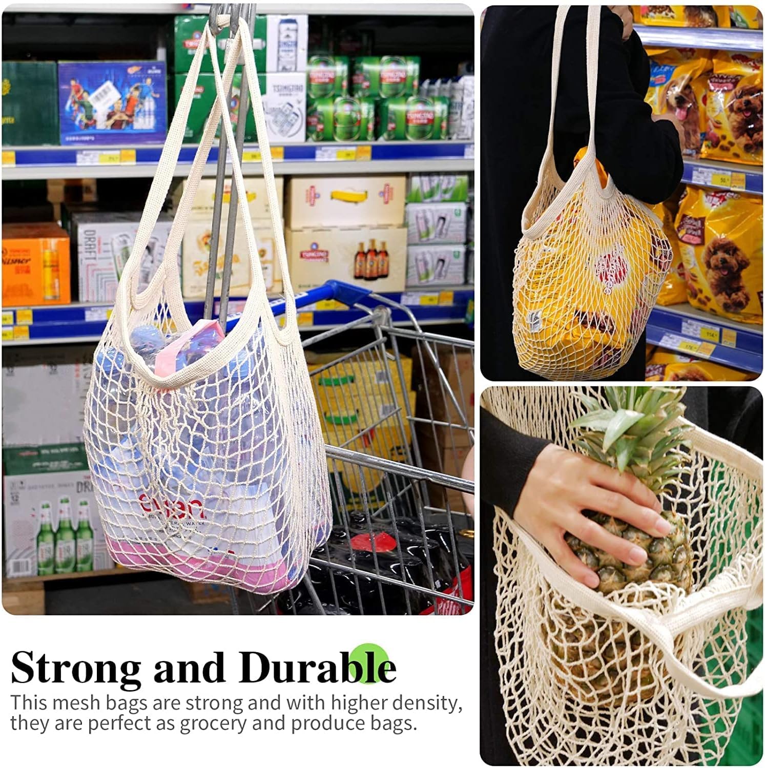 Eco-Friendly Reusable Cotton Mesh Produce Bags - Washable Grocery & Vegetable Storage Organizer with Handles | Perfect for Farmers Market, Zero Waste Shopping & Food Storage
