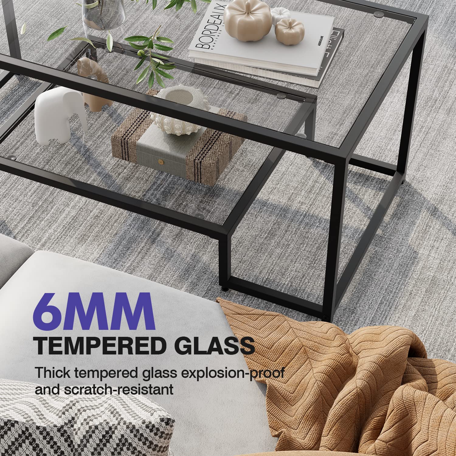 NAFORT 45 Inch Gold Rectangular Tempered Glass Coffee Table with Lower Storage Shelf - Modern Living Room Center Table for Home Decor (Black) | Perfect for Small Spaces, Apartments & Contemporary Interiors