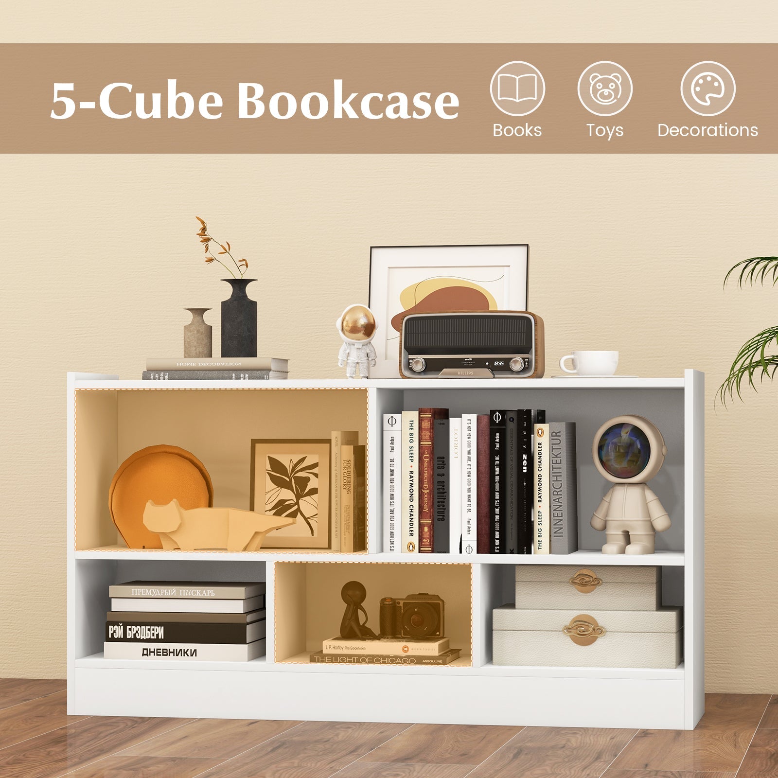 White 5-Cube Kids Bookcase with 2 Shelves - Wooden Toy Storage Cabinet Organizer for Bedroom, Playroom & Nursery