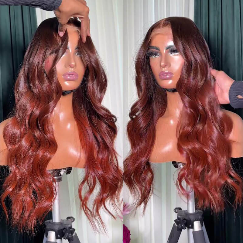 Eullair Ombre Reddish Brown Loose Wavy Human Hair Wig with Curtain Bangs - Layered Cut Glueless Lace Front Wig for Women | Perfect for Daily Wear, Cosplay & Special Occasions