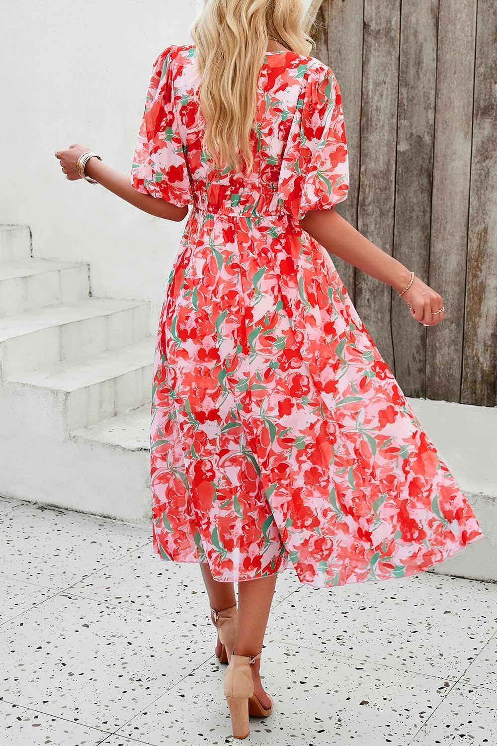 Floral Wrap V-Neck Midi Dress for Women - Short Sleeve Elastic Waist Flowy Summer Dress - Casual Spring & Summer Outfits for Beach, Wedding & Vacation 2025
