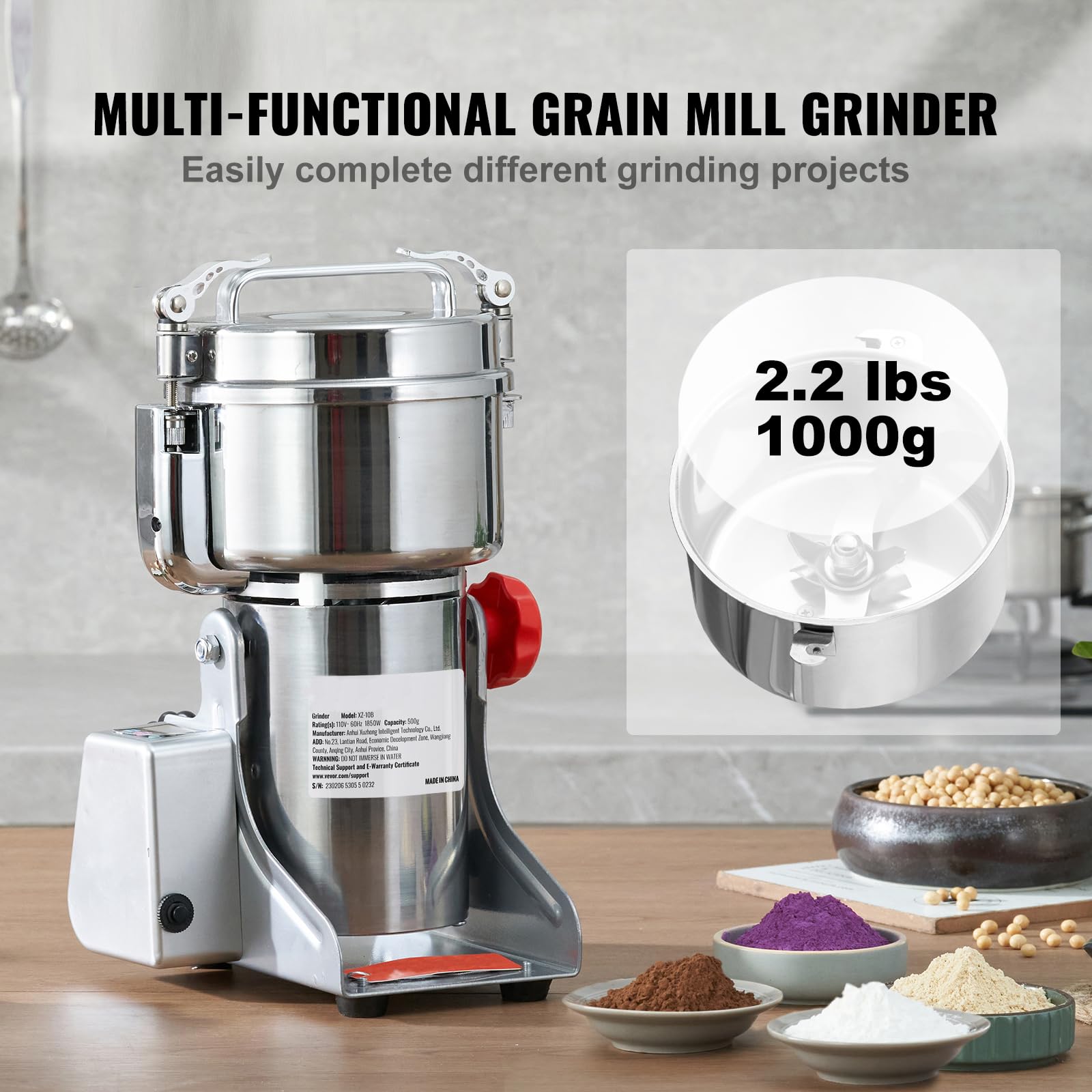 VEVOR 1000g Electric Grain Mill Grinder - 3750W High-Speed Commercial Stainless Steel Powder Machine for Coffee, Corn, Pepper & Dry Grains | Perfect for Home Kitchens, Bakeries & Coffee Shops