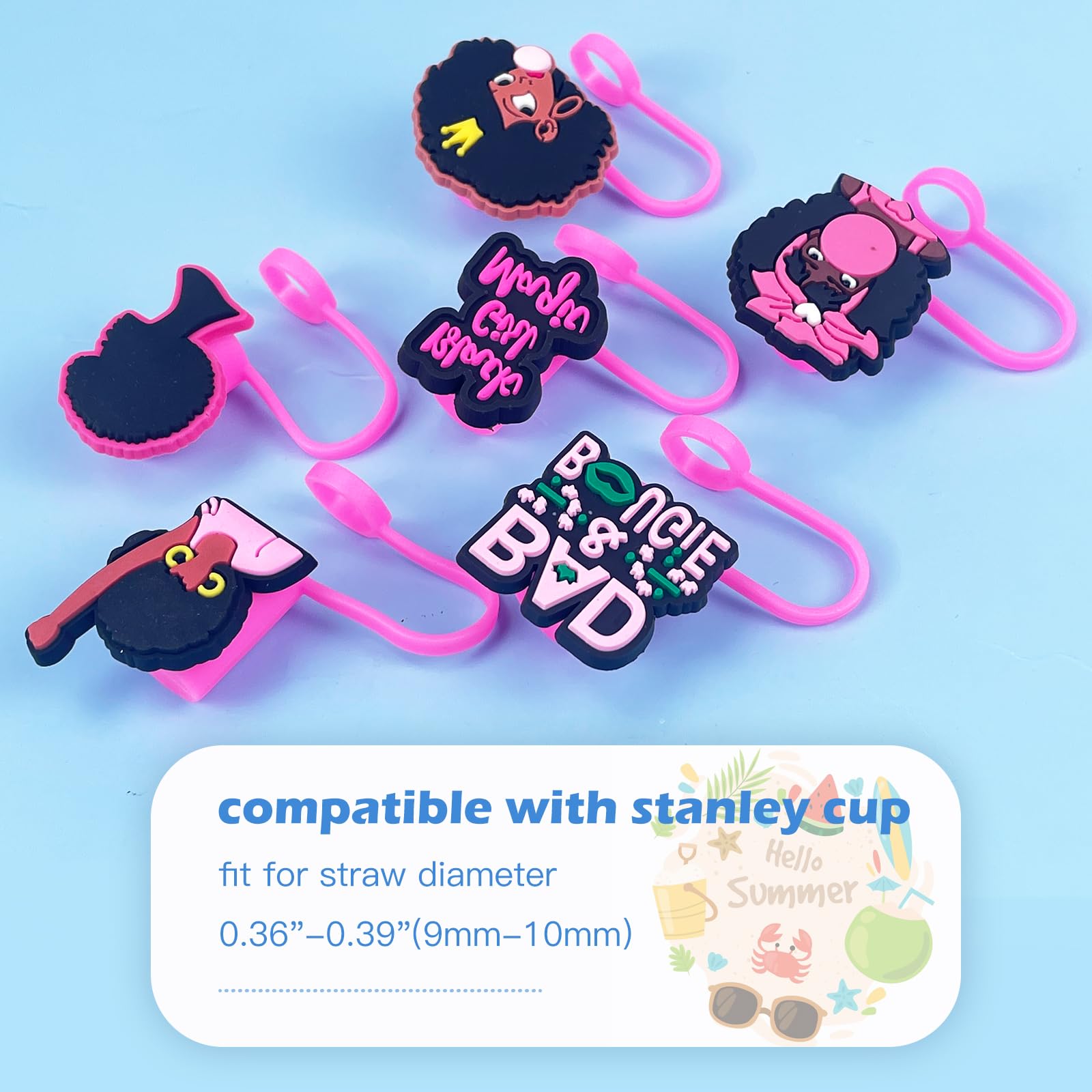 6PCS Pink & Black Straw Covers for Stanley Cup - Reusable Silicone Straw Toppers Accessories for Stanley Tumbler - Perfect for Kids, Women, Parties & Outdoor Activities