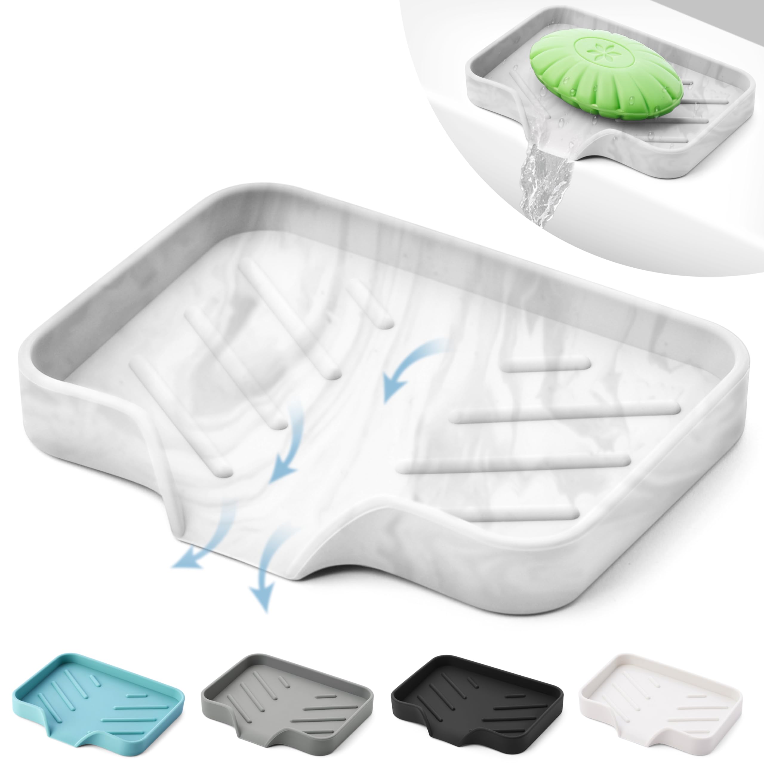 Premium Marble Silicone Soap Dish Tray - Self Draining Soap Holder for Bar Soap with Drainage Holes | Non-Slip Bathroom & Kitchen Counter Organizer | Perfect for Showers, Sinks, and Vanities