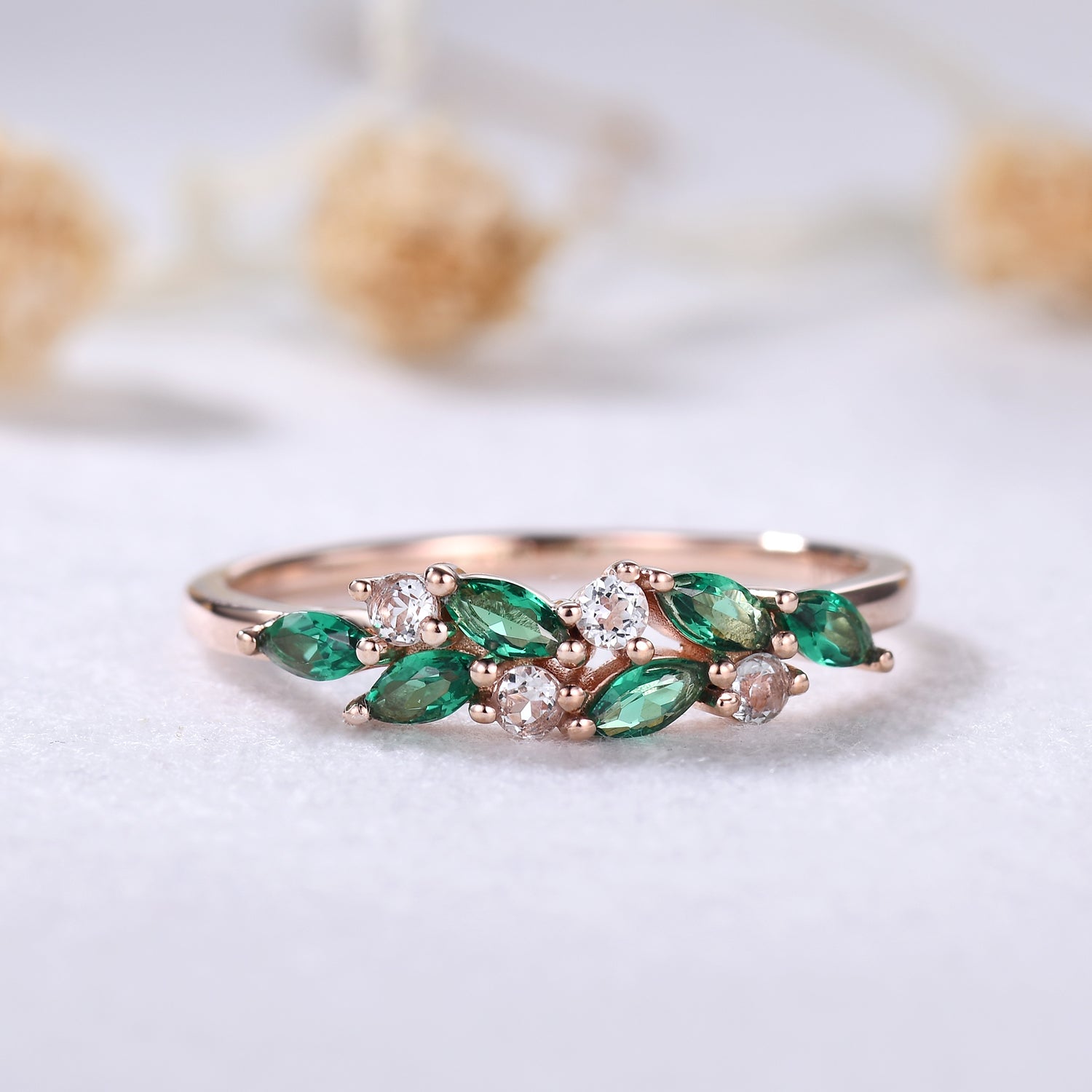 Exquisite 14k Rose Gold Emerald & Aquamarine Cluster Wedding Band – Elegant Mother’s Ring for Anniversary, Gift & Special Occasions
