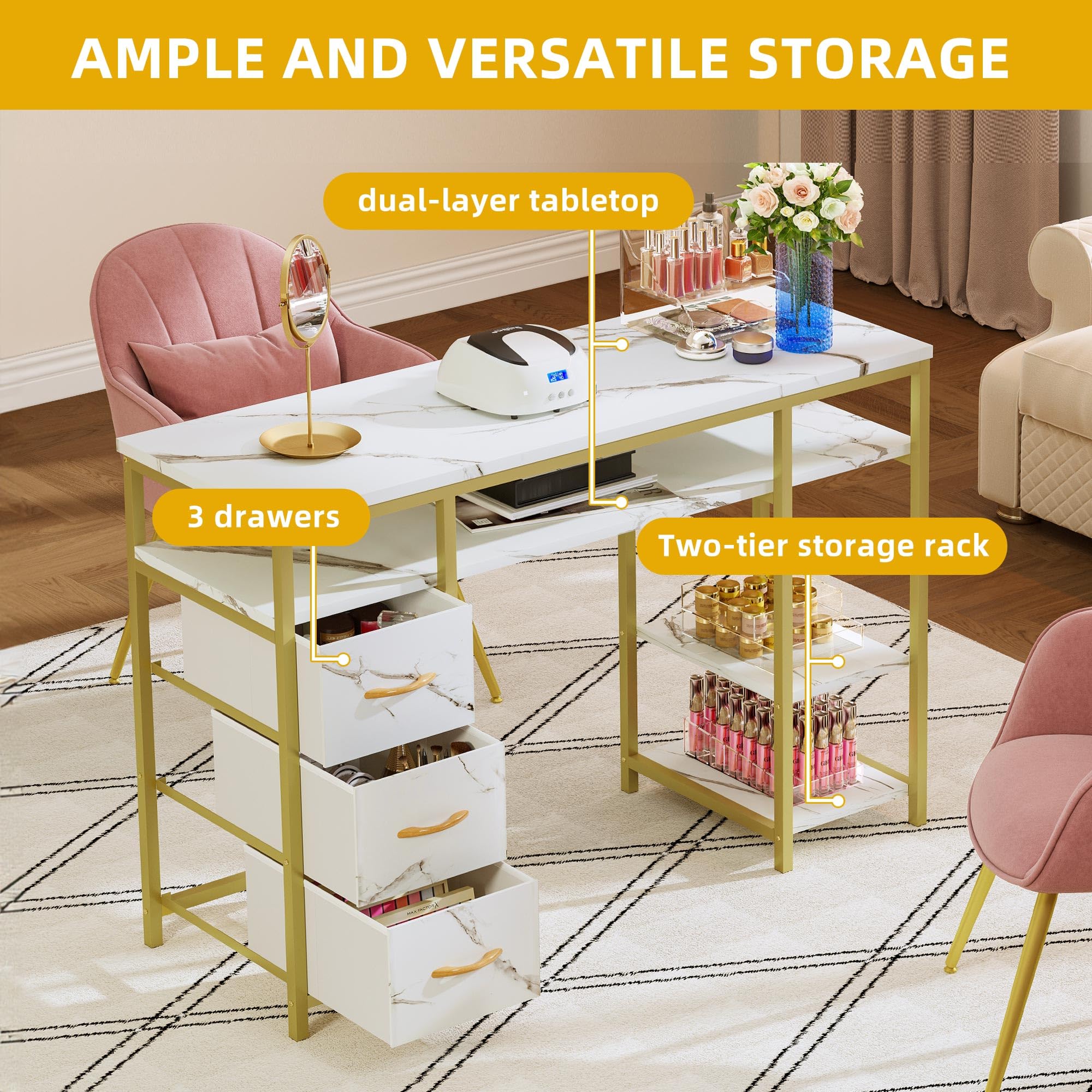 DWVO Nail Desk - Professional Manicure Table with 3 Drawers & Marble Texture | Acetone-Resistant Nail Tech Station for Salon & Spa | Perfect for Nail Artists & Beauty Professionals (White)