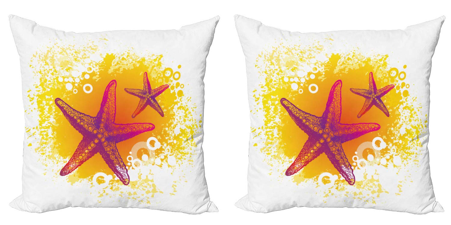 Ambesonne Starfish Throw Pillow Cover Set of 2 - Tropical Ocean Theme with Vibrant Bubbles & Marine Animals - 20 Inch Zippered Double-Sided Decorative Cushion Covers in Fuchsia, Hot Pink & Yellow - Perfect for Beach House Decor, Coastal Living Room Accent or Boho Bedroom Styling