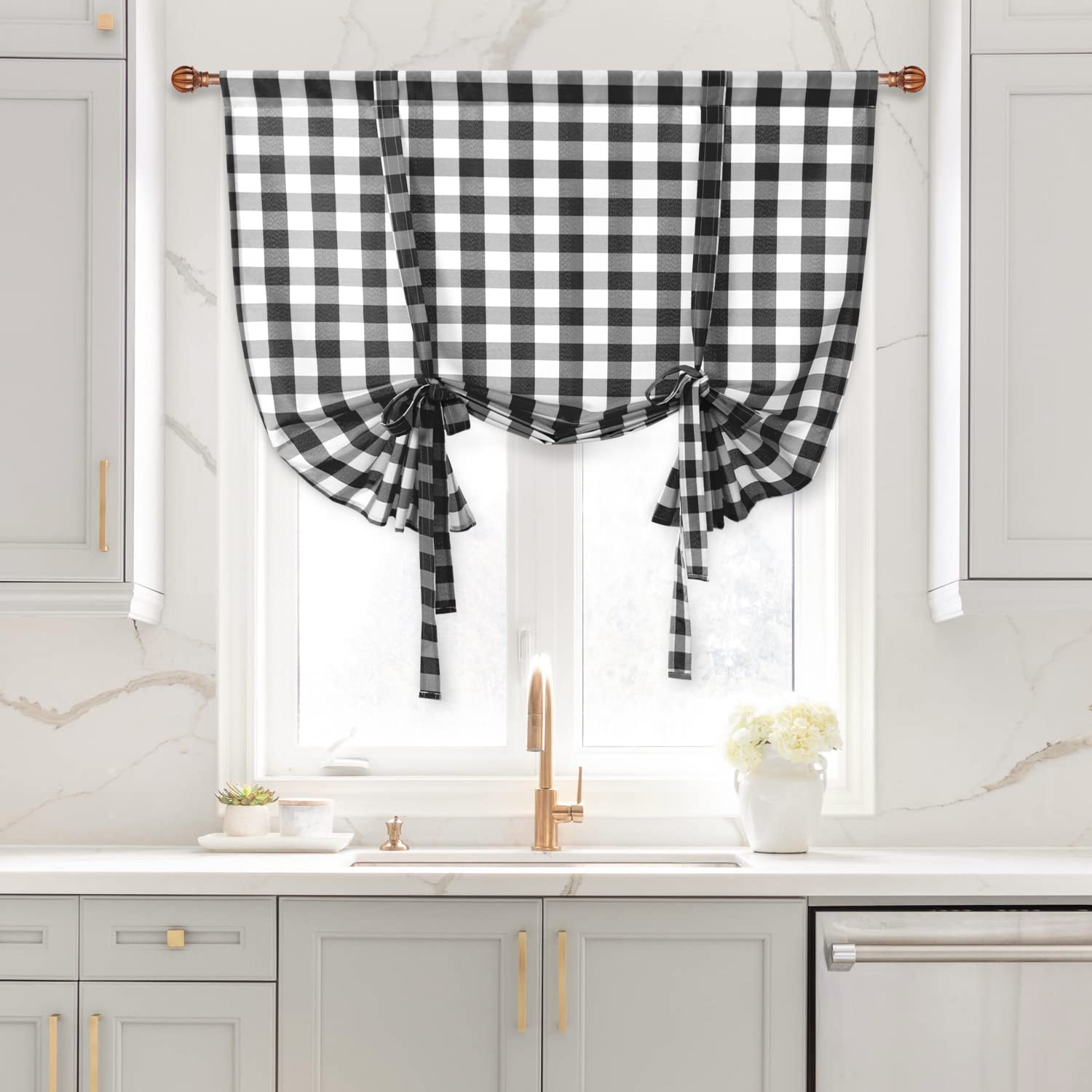 Buffalo Check Tie-Up Window Curtains - Semi-Sheer Light Filtering Rod Pocket Balloon Short Curtain for Kitchen & Farmhouse Decor, Black and White, 42 x 45 Inches, 1 Panel - Perfect for Rustic, Country & Vintage Style Homes