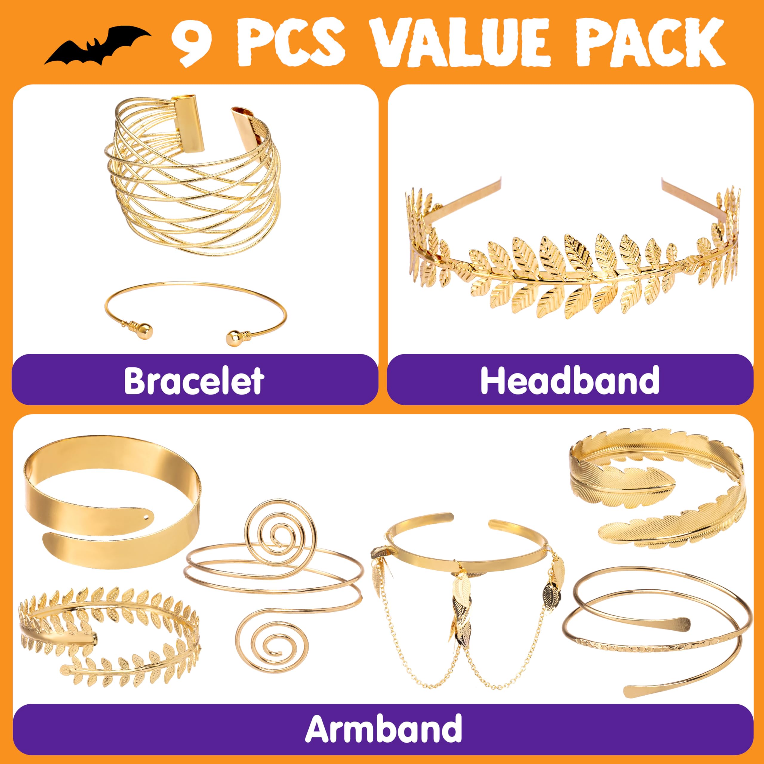 9PCS Halloween Greek Style Jewelry Set - Gold Arm Cuffs, Open Bangle Bracelets for Women & Men | Costume Accessories for Greek Goddess, Toga Party & Halloween Costume