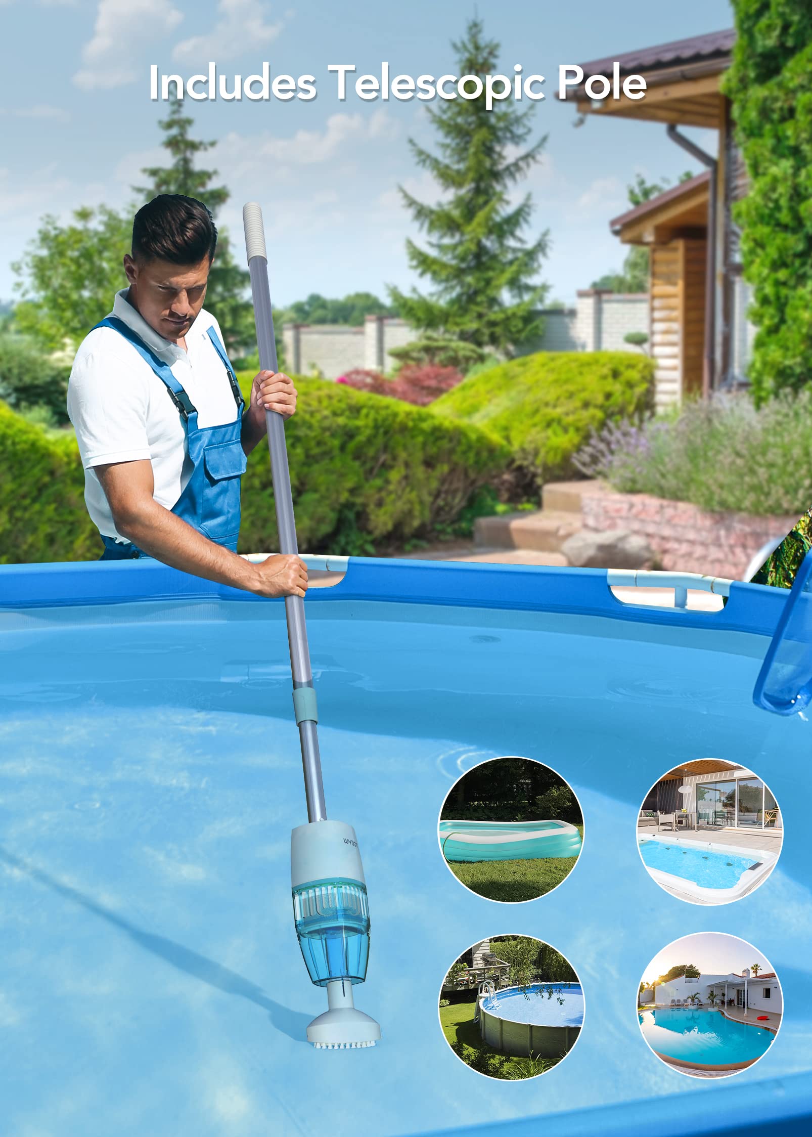 2023 Upgraded WYBOT Cordless Pool Vacuum Cleaner - Rechargeable Handheld Pool Cleaner with Telescopic Pole, 60 Mins Runtime & Powerful Suction for Deep Cleaning | Ideal for Above Ground Pools, Spas, Hot Tubs - Perfect for Weekly Pool Maintenance and Quick Spot Cleaning