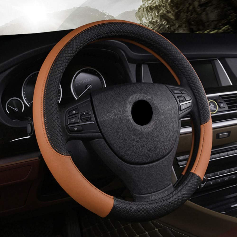 Premium PU Leather Car Steering Wheel Cover 37cm-38cm - Hand-Stitched, Universal Fit for Most Car Models - Enhance Grip & Comfort for Daily Driving & Long Road Trips
