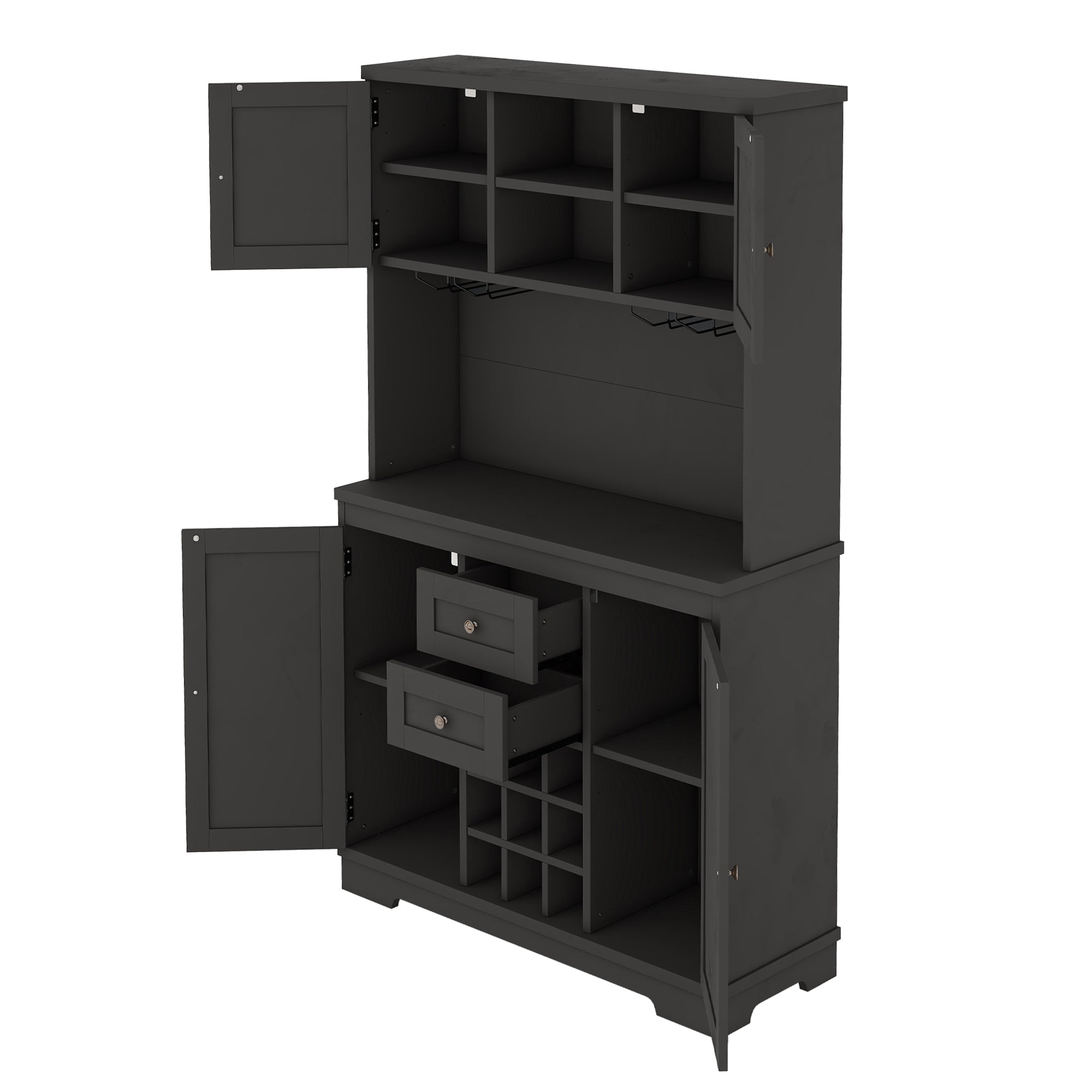 Farmhouse Coffee Bar Cabinet with Storage - Kitchen Buffet Cabinet with Drawers, Shelves & Wine Glass Racks - Rustic Dining Room Furniture for Kitchen, Bar & Entertaining - Black