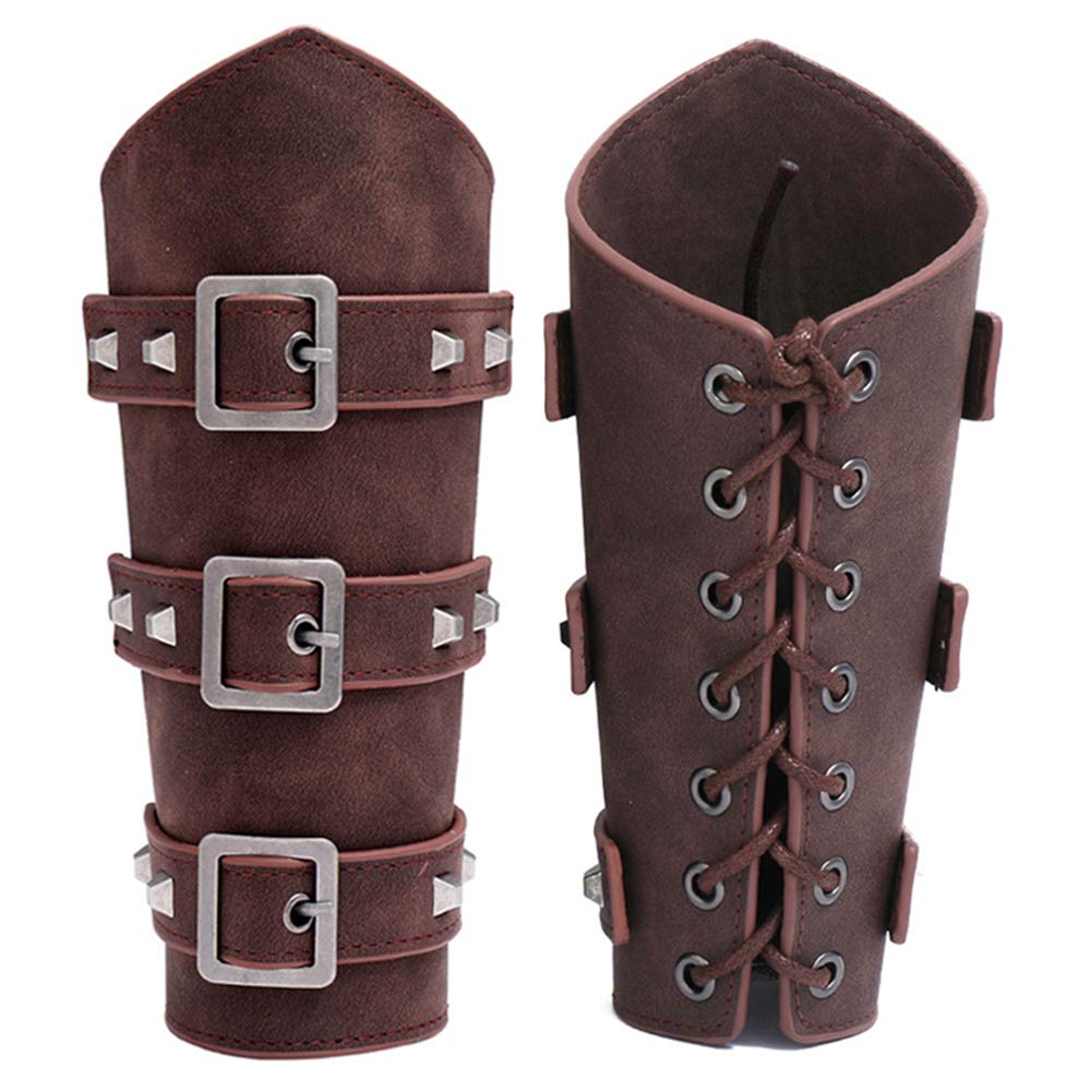 AZORA Leather Gauntlet Wristband - Medieval Bracers Armor Set of 2 - Adjustable Buckle Wrist Cuffs for LARP, Cosplay, Renaissance Fairs & Viking Reenactments