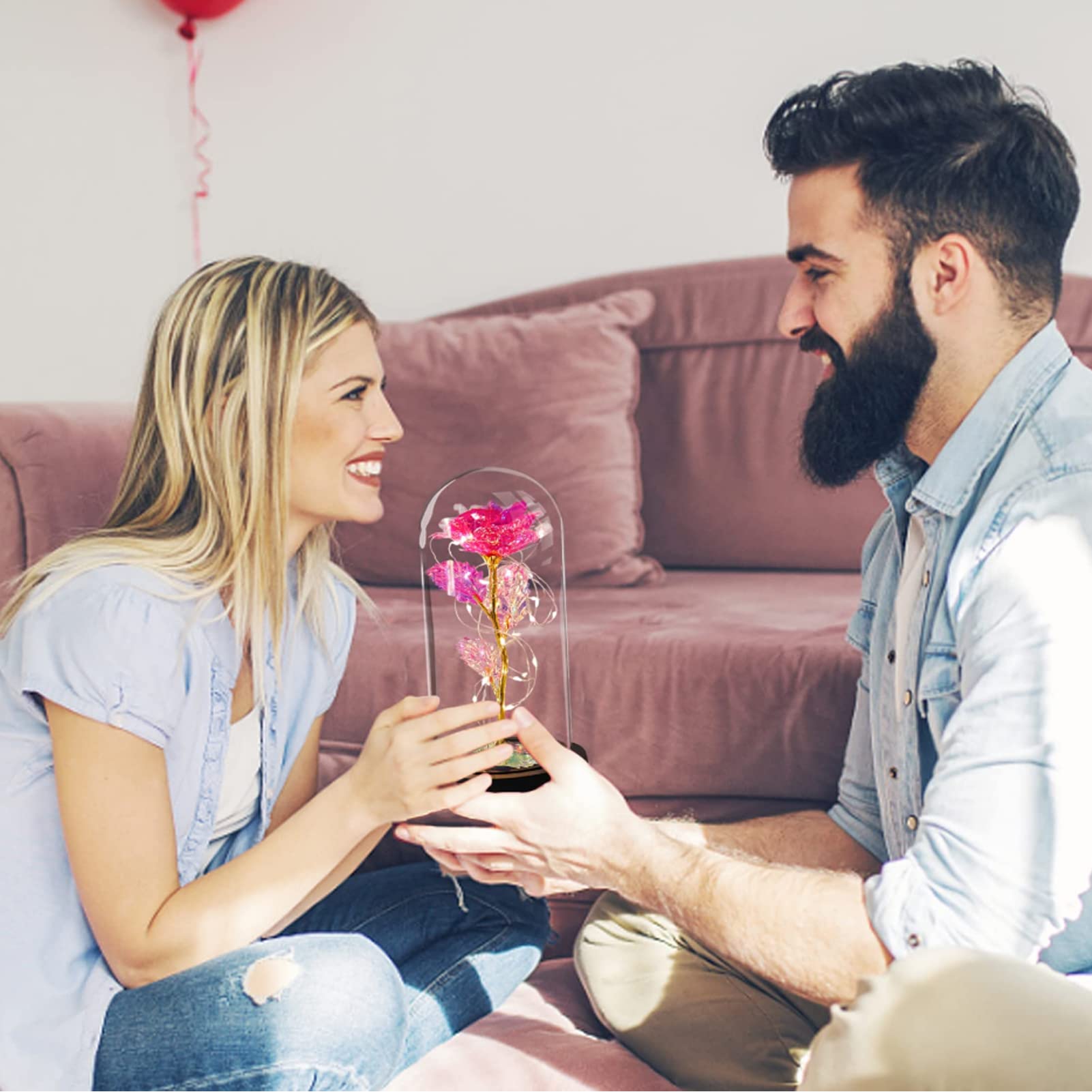 Eternal Rose Under Glass Dome - Valentine's Day Gift for Her, Galaxy Rose with LED Lights, Artificial Flower Gift for Women, Mom, Mother, Grandma - Perfect for Mother's Day, Wedding, Anniversary, Home Decor, Romantic Proposal, Bedroom Centerpiece