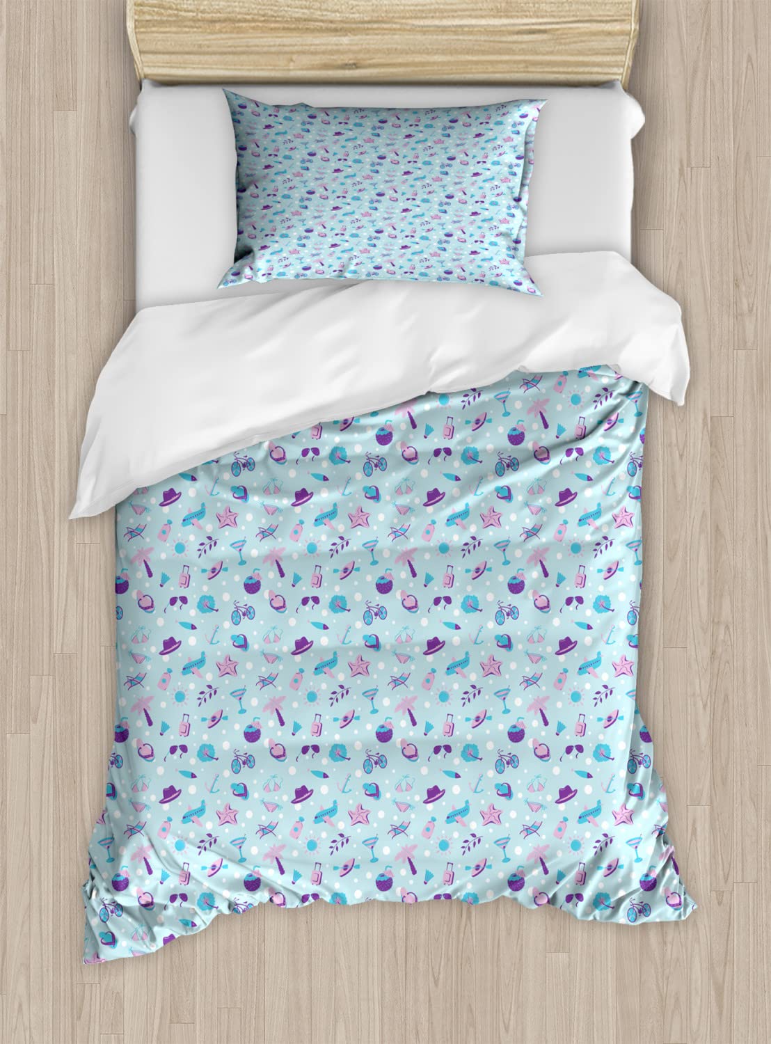 Ambesonne Summer Beach Themed Duvet Cover Set - 2 Pack Twin Size with 2 Duvet Covers & 2 Pillowcases - Tropical Martini Cocktail & Panama Hat Design in Pale Mauve Purple - Perfect for Vacation Homes, Beach Resorts & Summer Bedroom Decor
