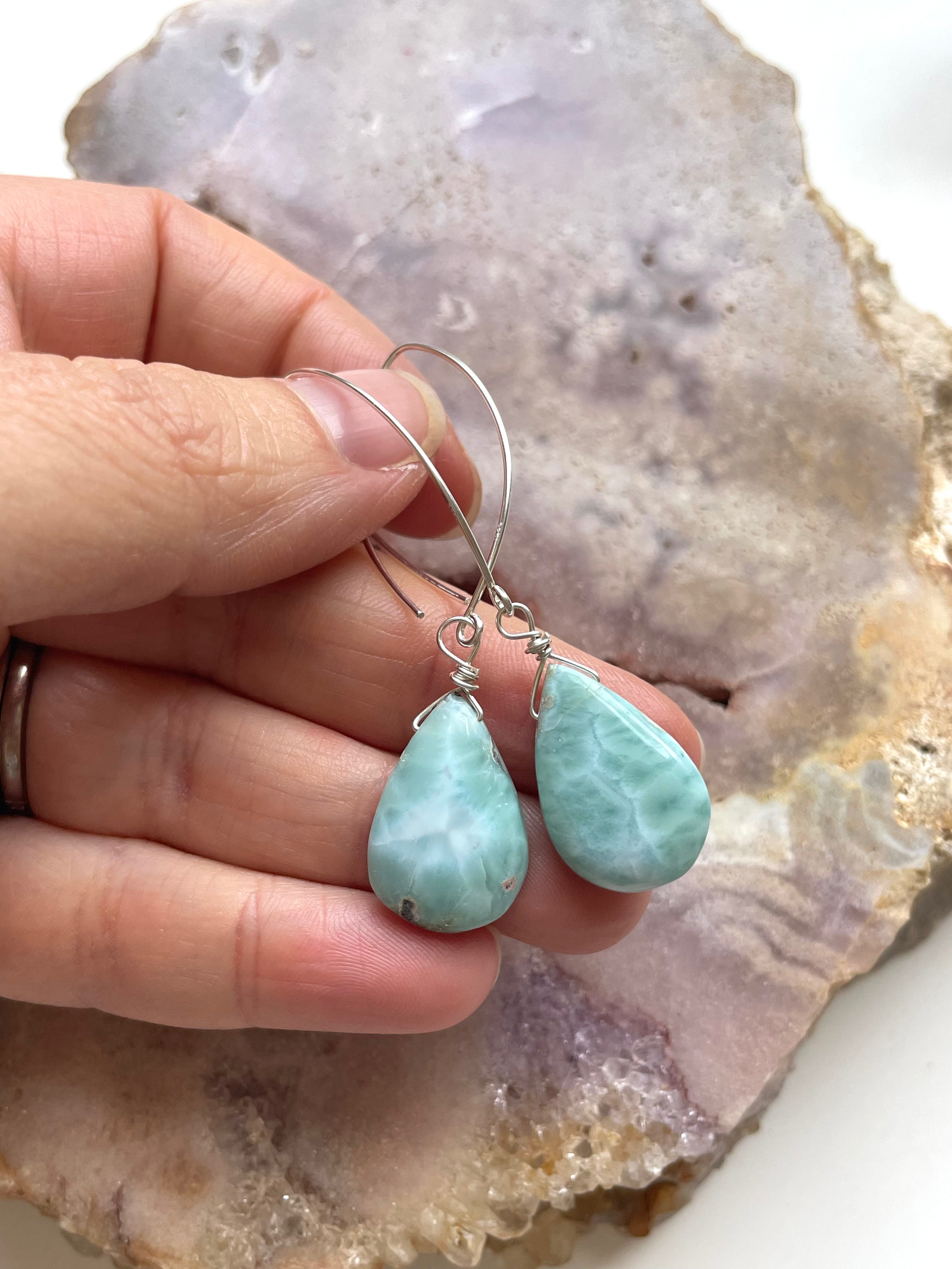 Long Larimar Earrings Dangle Sterling Silver – Handmade Gemstone Jewelry for Women, Boho Chic Accessories | Perfect for Weddings, Parties & Everyday Wear