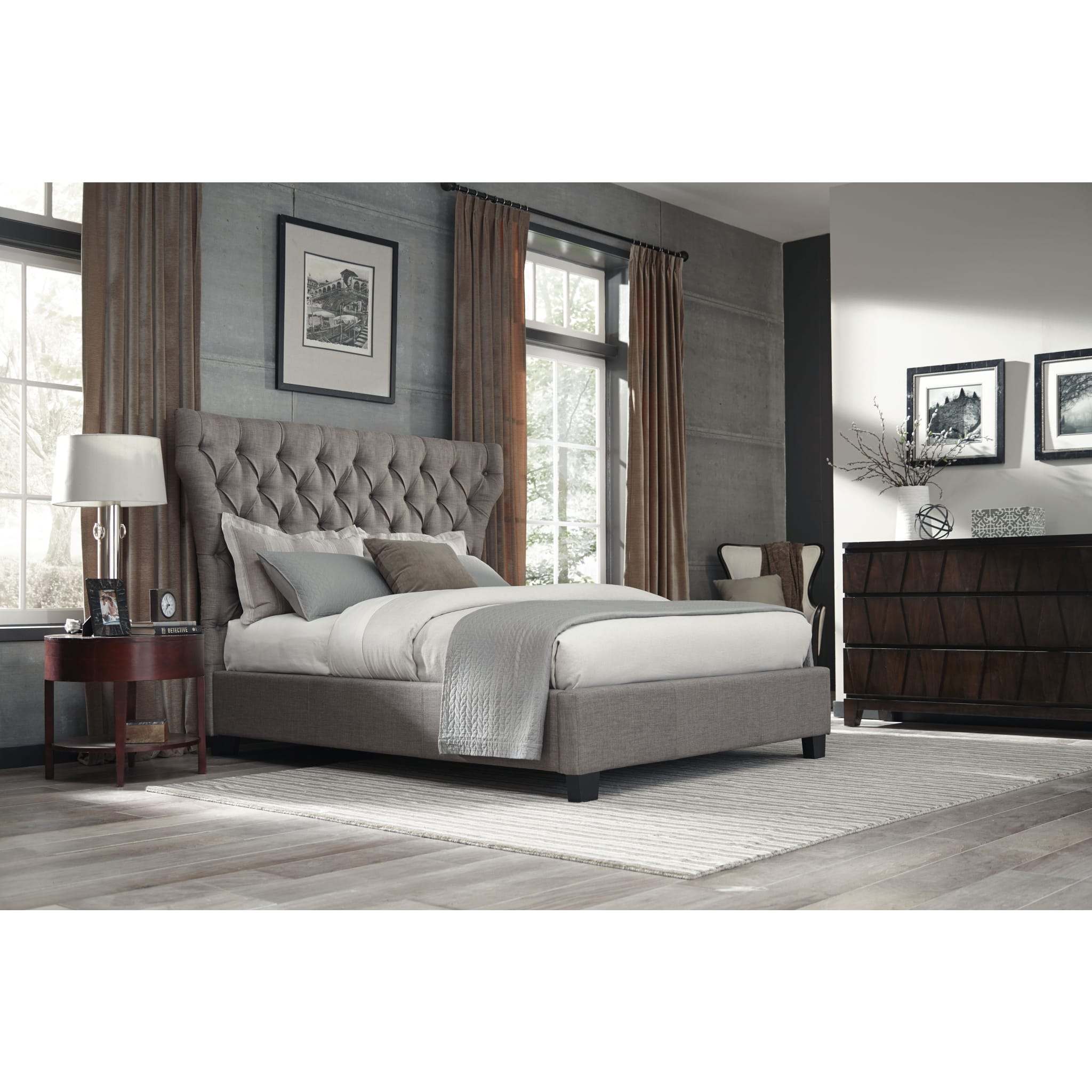 Melina Upholstered Platform Bed Frame - Queen Size Dolphin Linen Fabric - Modern Bedroom Furniture for Master & Guest Rooms