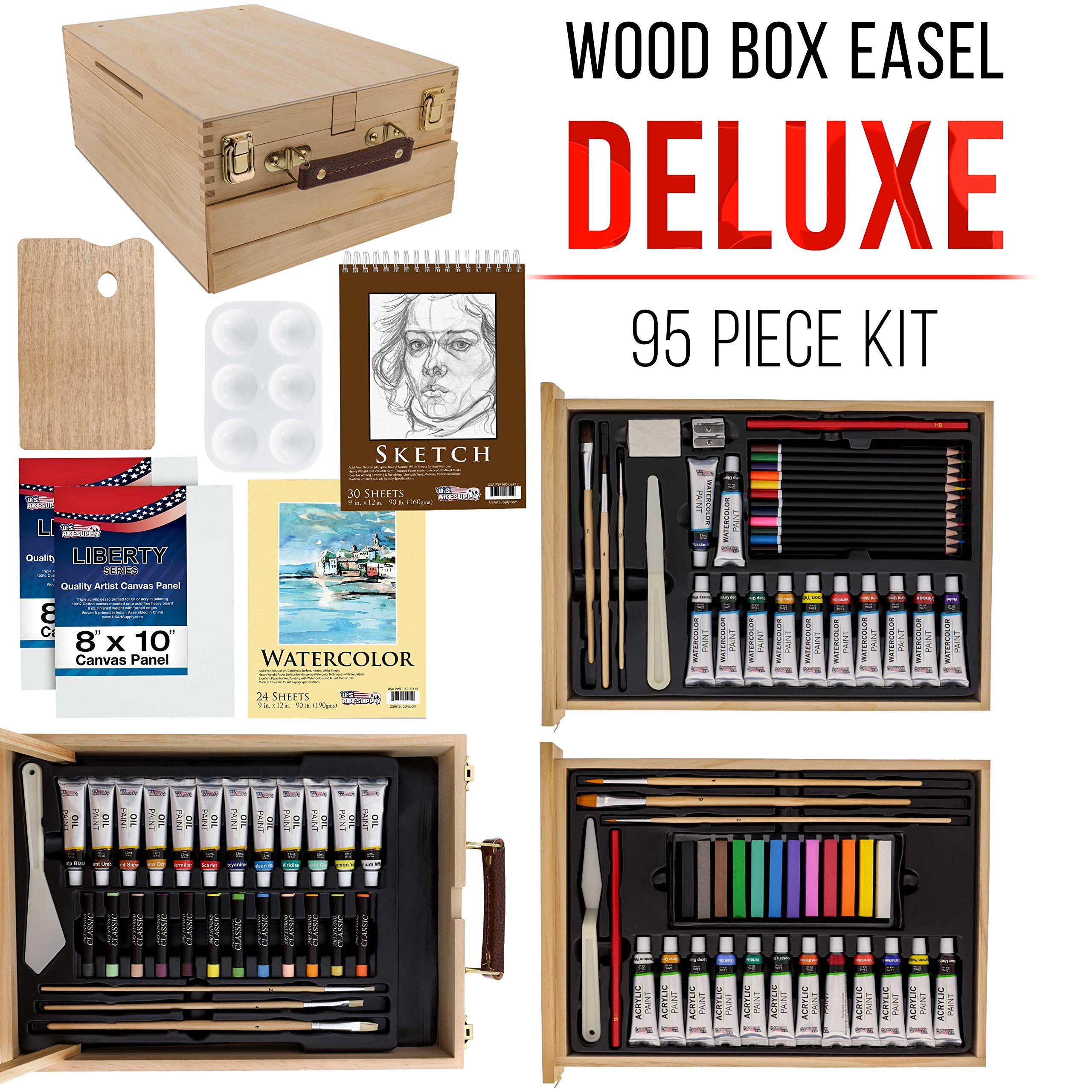U.S. Art Supply 124-Piece Wooden Box Painting Set - Professional Oil, Acrylic & Watercolor Paints with Brushes, Pastels, Pencils, Sketch Pads & Canvas - Perfect for Artists, Students & Hobbyists - Ideal for Studio, Classroom & Outdoor Painting