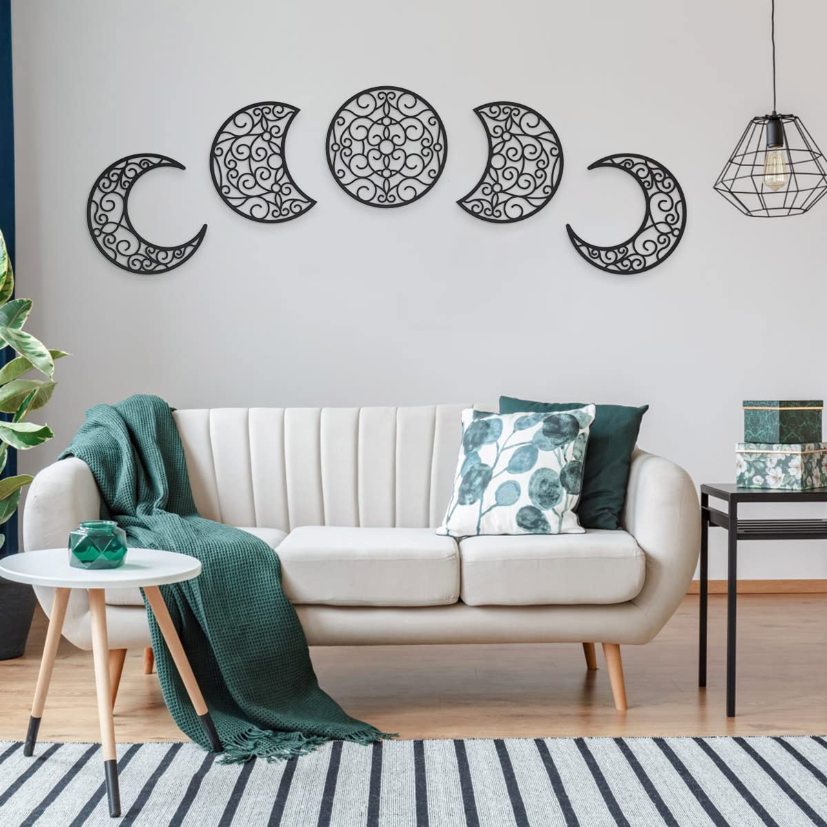 Bnesi 5Pcs Moon Phase Wall Decor - 12 Inch Spiritual Boho Bedroom Hanging Decorations for Home, Black | Perfect for Meditation Rooms, Yoga Spaces & Bohemian Home Decor
