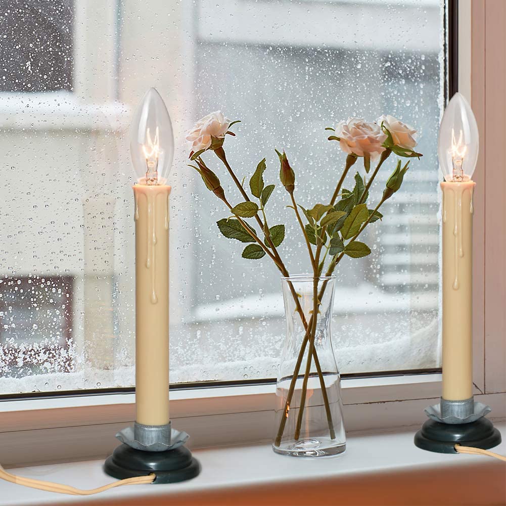 4 Pack Electric Window Candle Lights - 7 Inch Flameless LED Candles with 7W C26 Bulbs, Black Wood Plum Iron Base & Ivory Wire On/Off Switch - Perfect for Christmas Decor, Home, Wedding, and Holiday Lighting