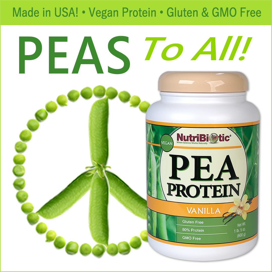 NutriBiotic Vanilla Pea Protein Powder 21 Oz - Low Carb Vegan Plant-Based Protein, Keto Friendly, Gluten Free, Non-GMO, BCAA Rich | USA Grown & Processed | Smooth & Creamy for Shakes, Smoothies & Baking | Post-Workout Recovery & Healthy Lifestyle