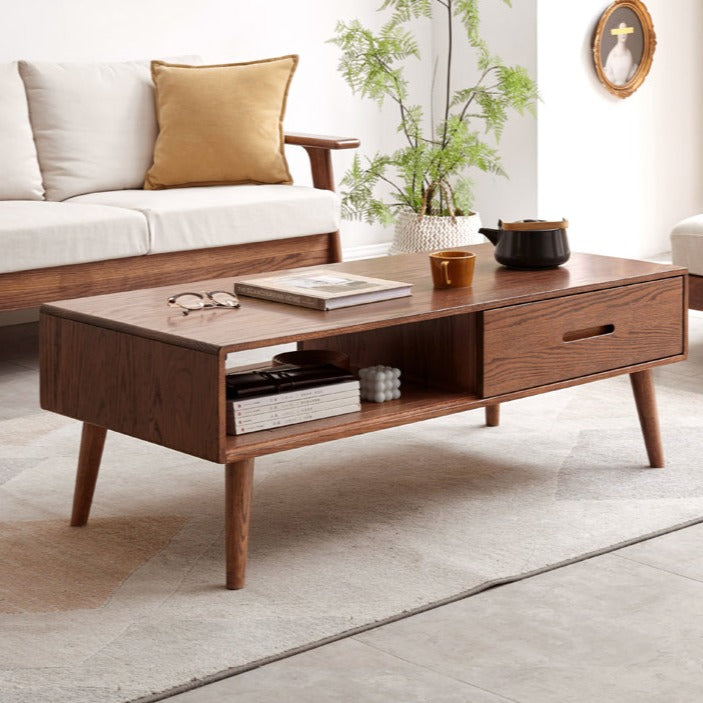 Solid Oak Wood Two-Drawer Coffee Table - Walnut Finish | Rustic Living Room Furniture for Home Decor & Storage