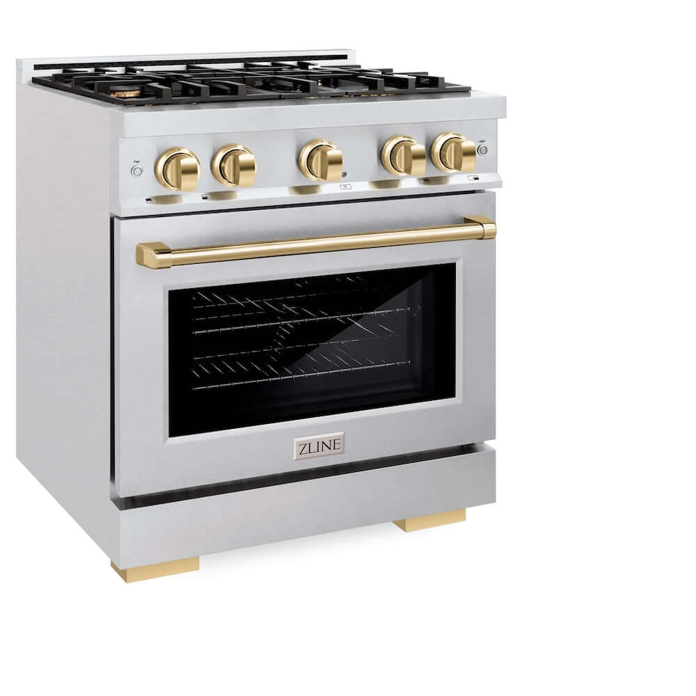 ZLINE Autograph Edition 30-inch 4.2 cu. ft. Dual Fuel Range - 4 Burner Gas Cooktop & Electric Convection Oven - Satin Stainless Steel with Polished Gold Accents (HDRSZ 30 G) - Perfect for Gourmet Kitchens & Modern Home Cooking