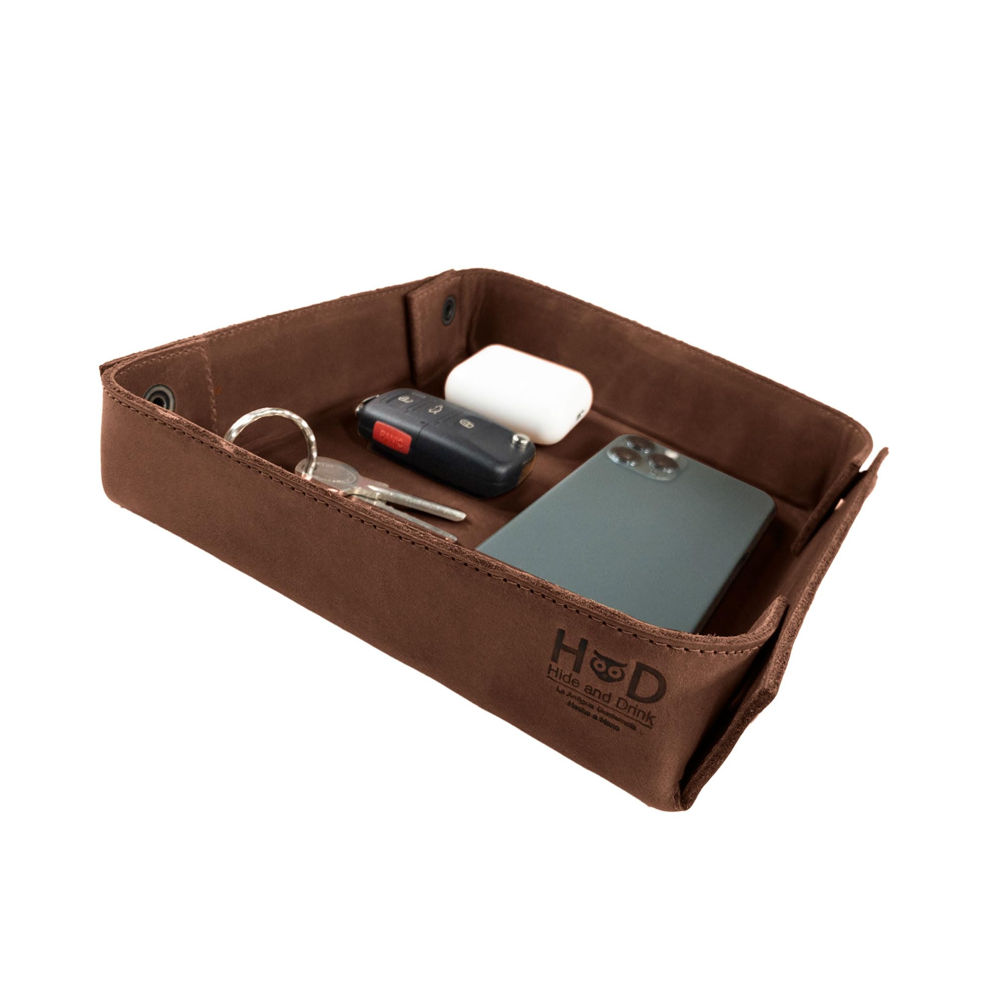 Hide & Drink Handmade Leather Catchall Tray - Vintage Style Organizer for Keys, Coins, Jewelry, Watches & Smartphones - Durable Bourbon Brown Leather Valet Tray for Home, Office & Entryway Decor